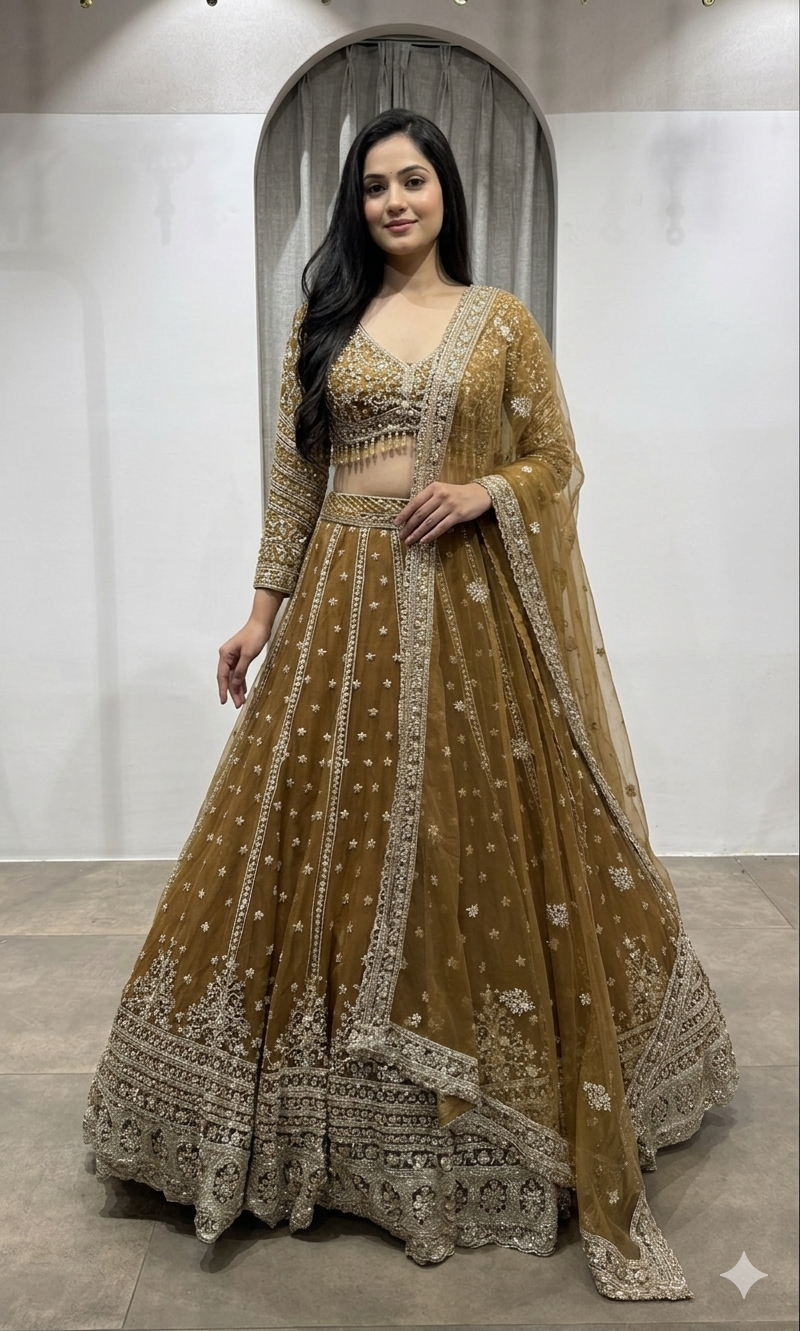 BROWN Embroidered Lehenga with Dupatta