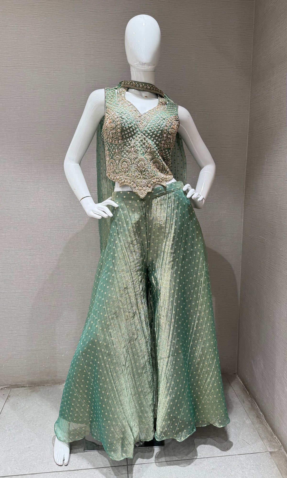 Mint Sage Zari Embroidered tissue silk Palazzo set