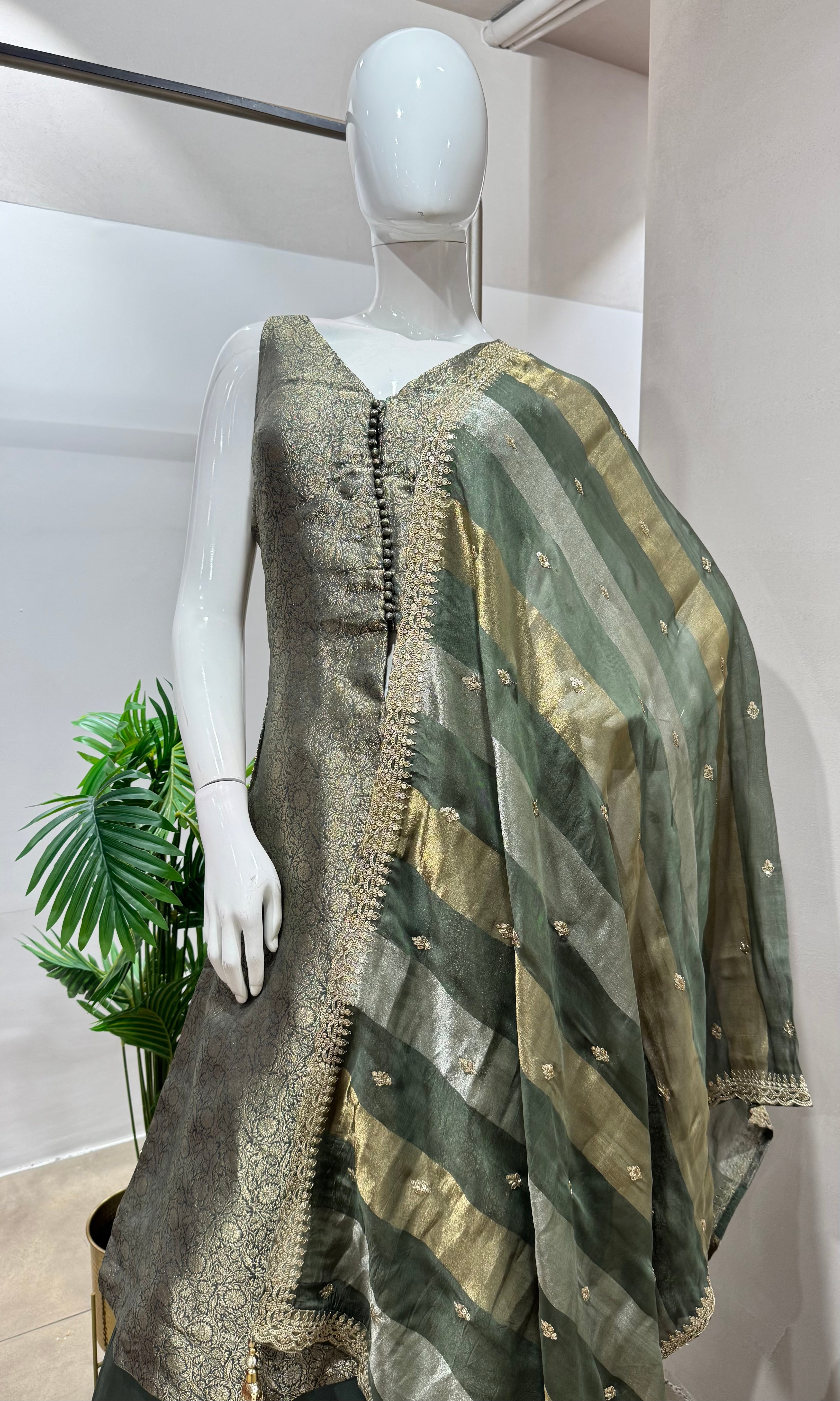 Green golden anarkali with palazzo pants