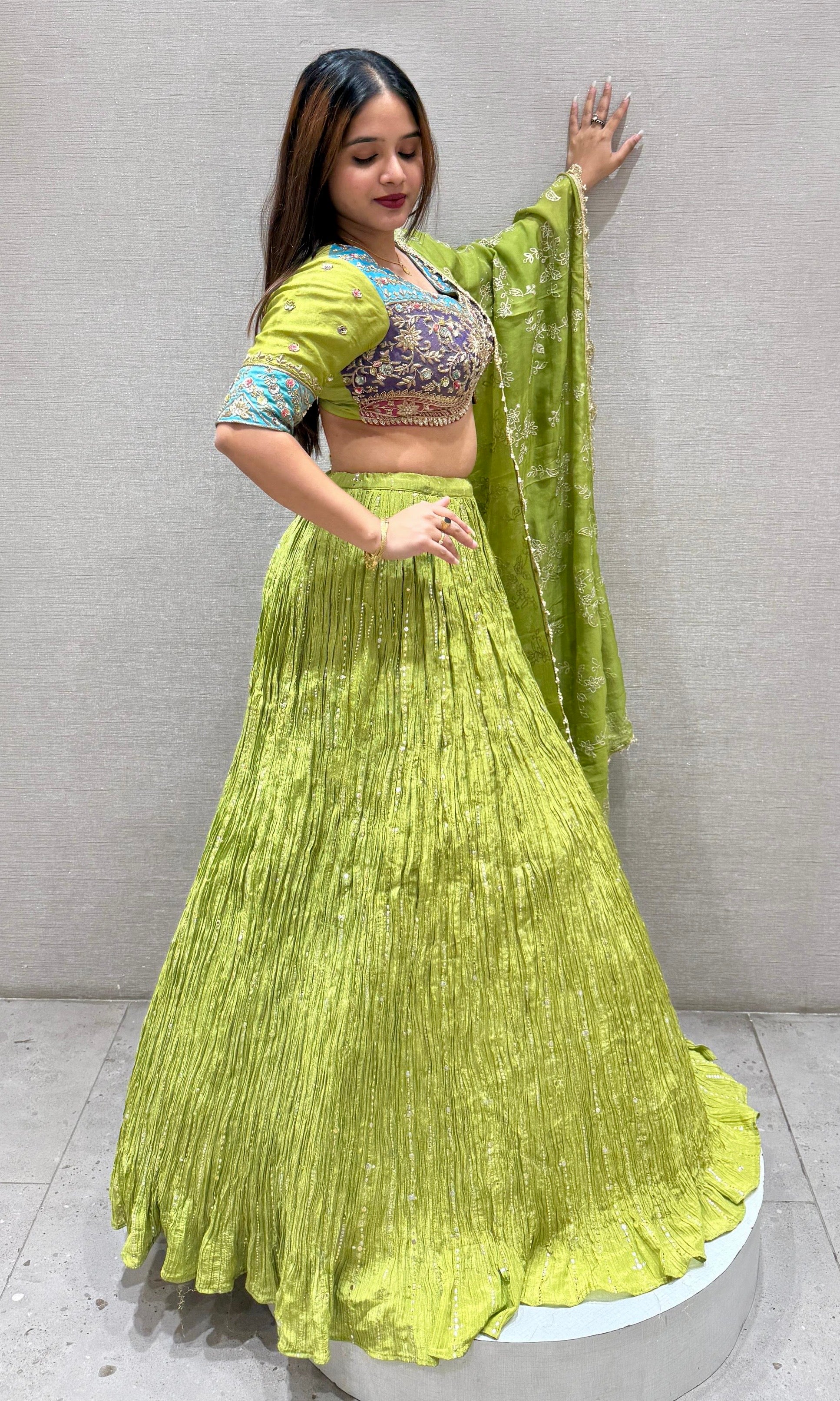 Parrot Green Intricate Embroidered Lehenga