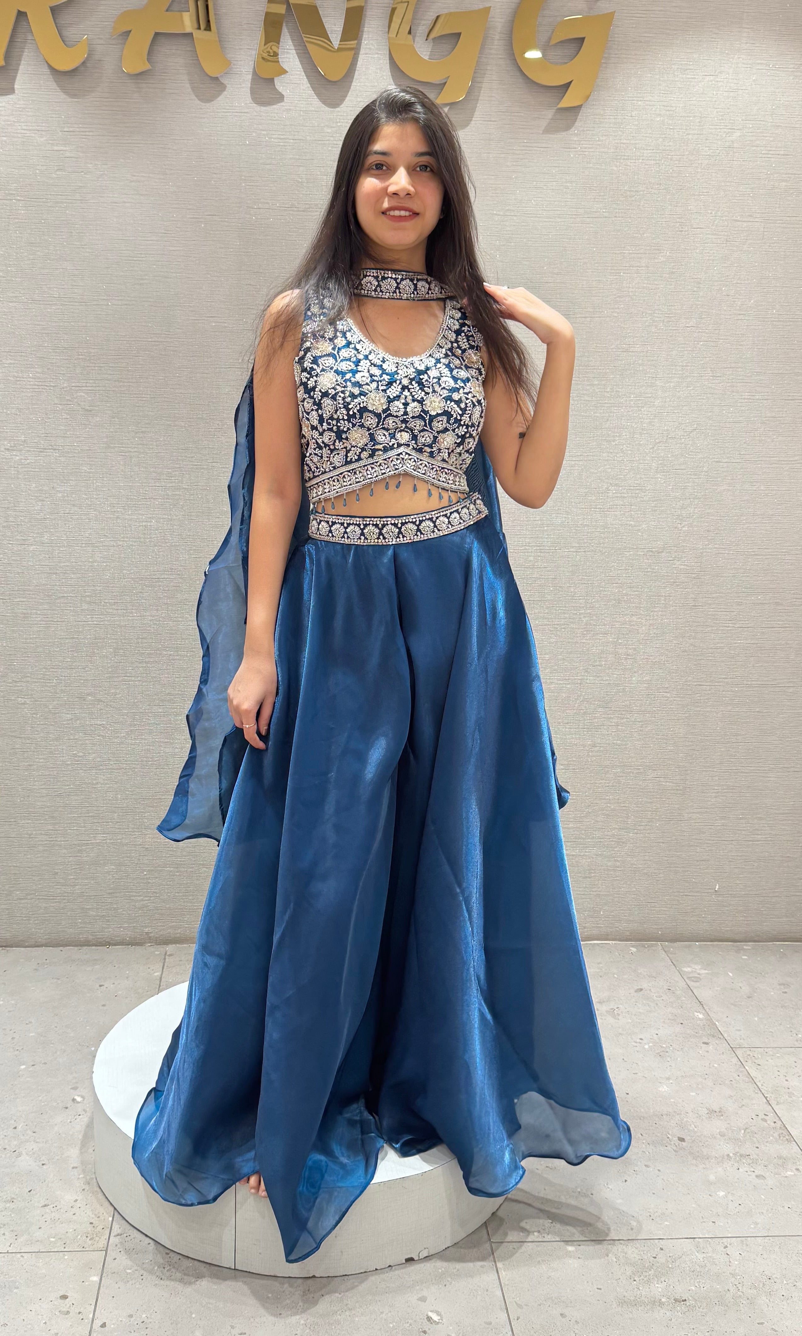 Teal Blue embroidered Crop Top Palazzo set