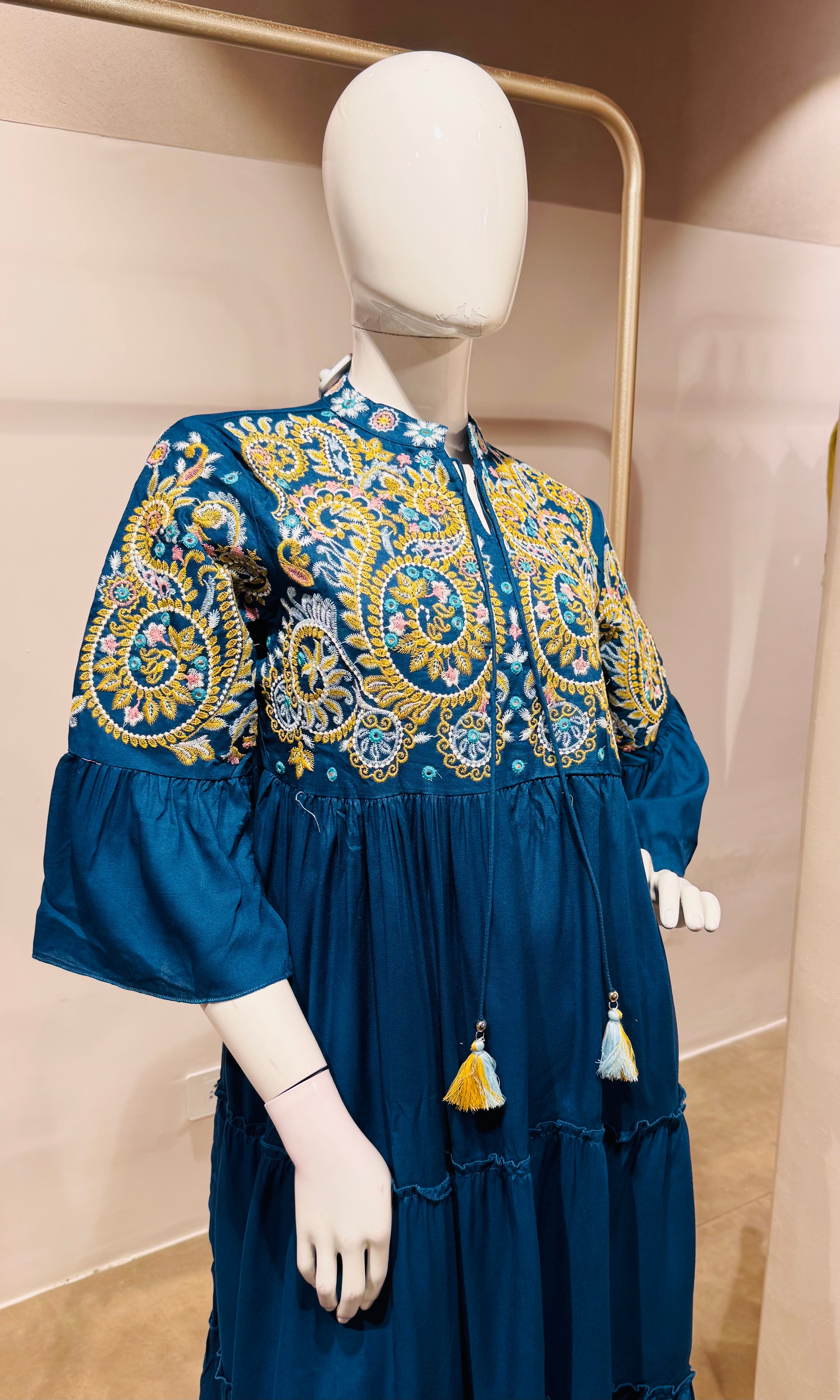 Blue Tiered Dress with Multicolor Embroidered Yoke