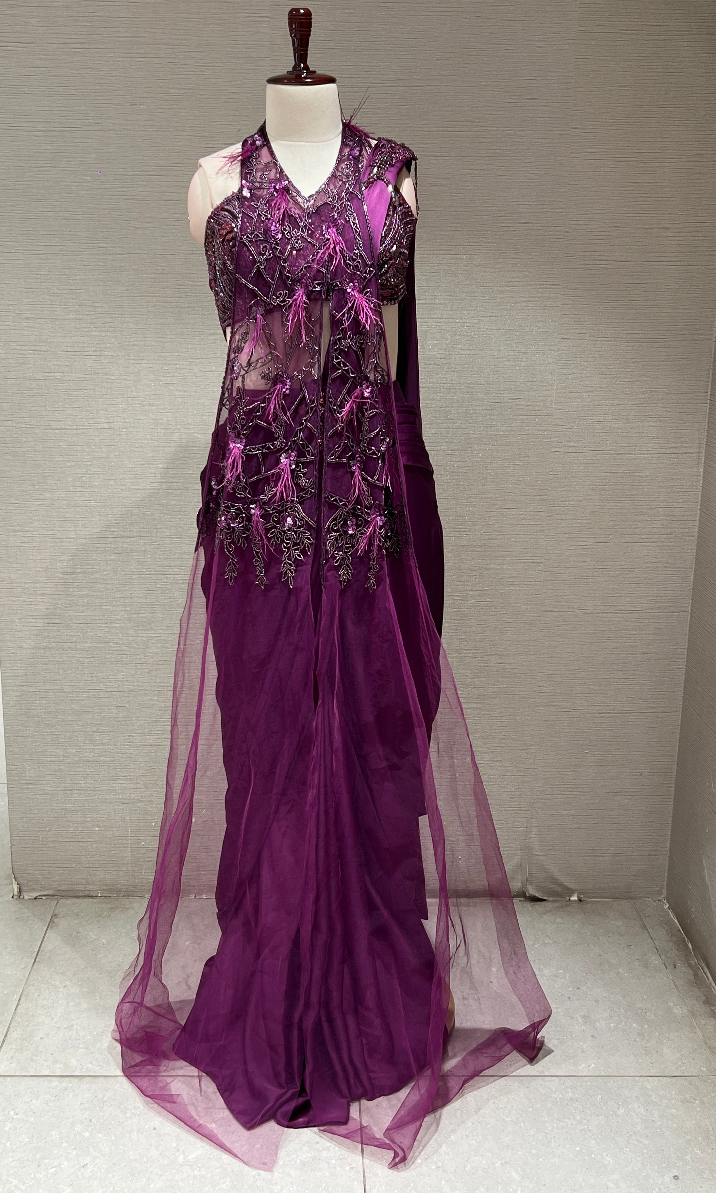 purple drape saree with cape