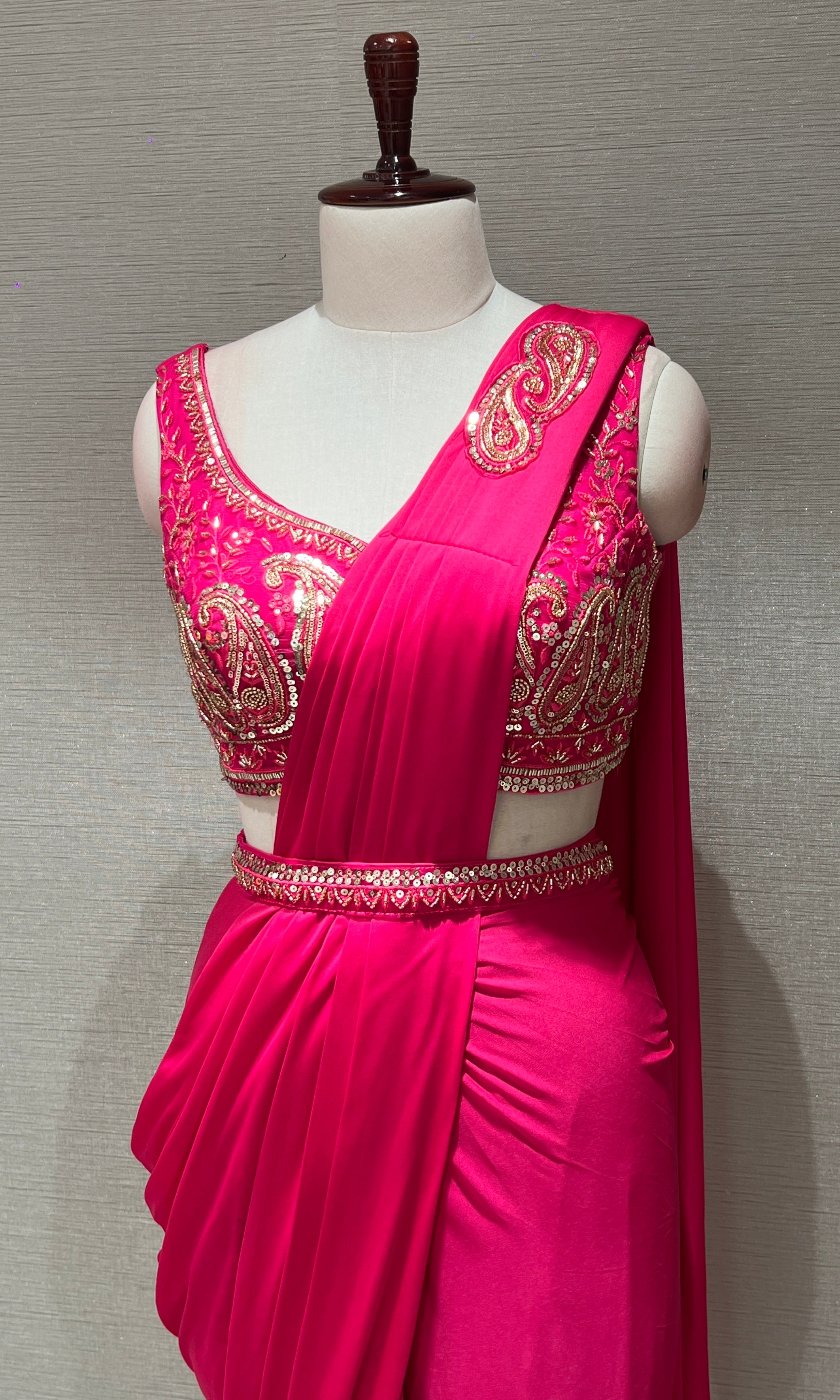 PINK Embellished Drape Saree WITH BLOUSE & BELT
