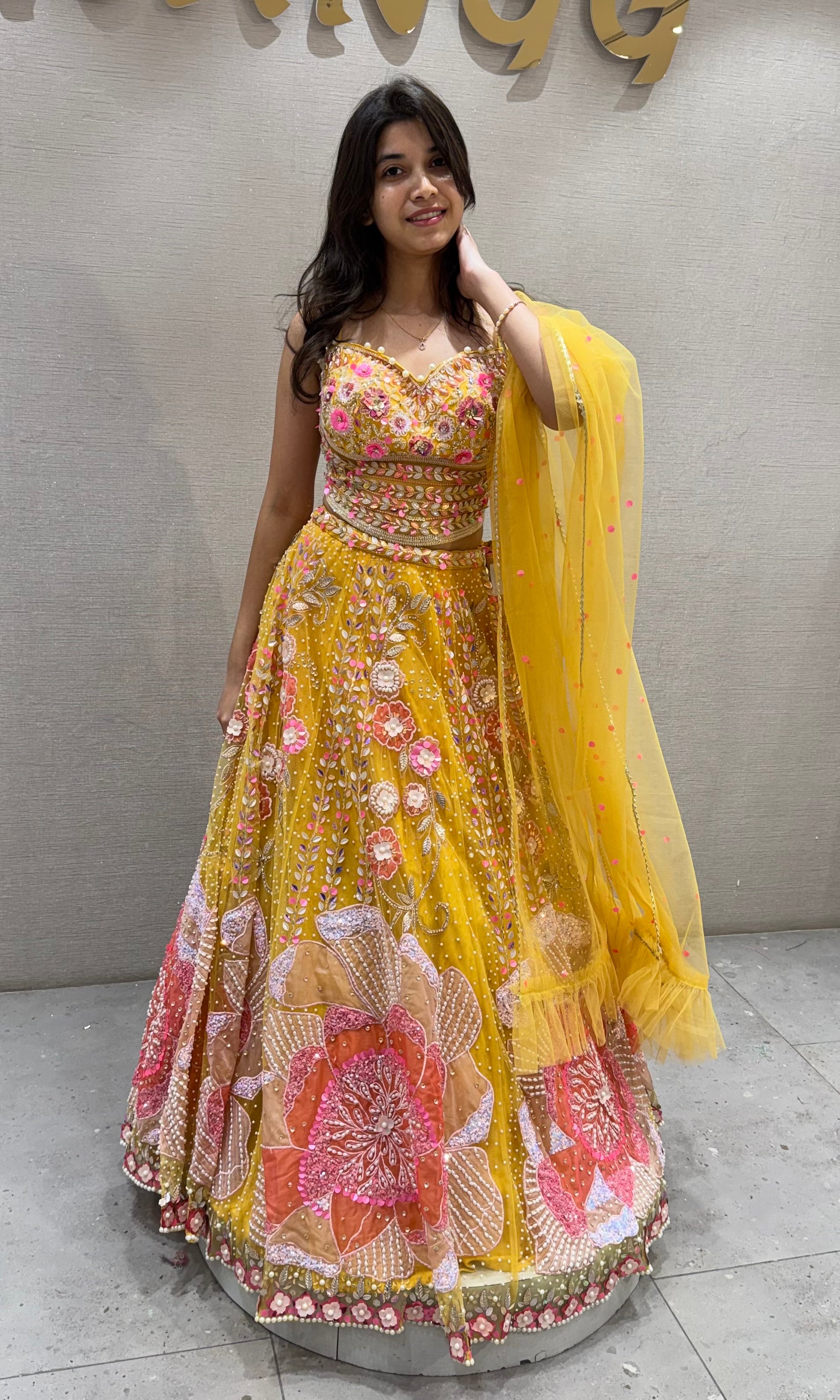 Lemon Yellow Organza Printed Lehenga set