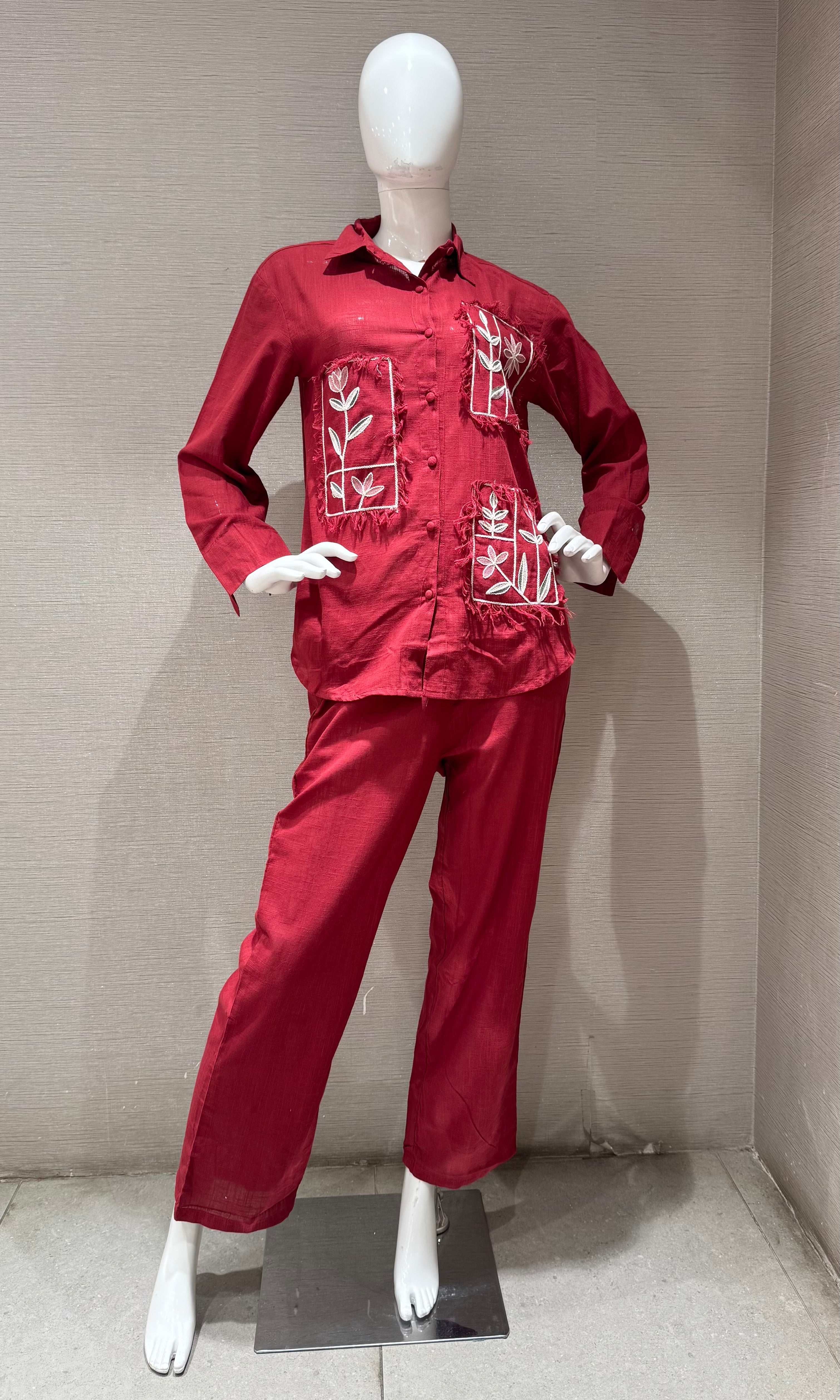 Red cotton embroidery work short cord set