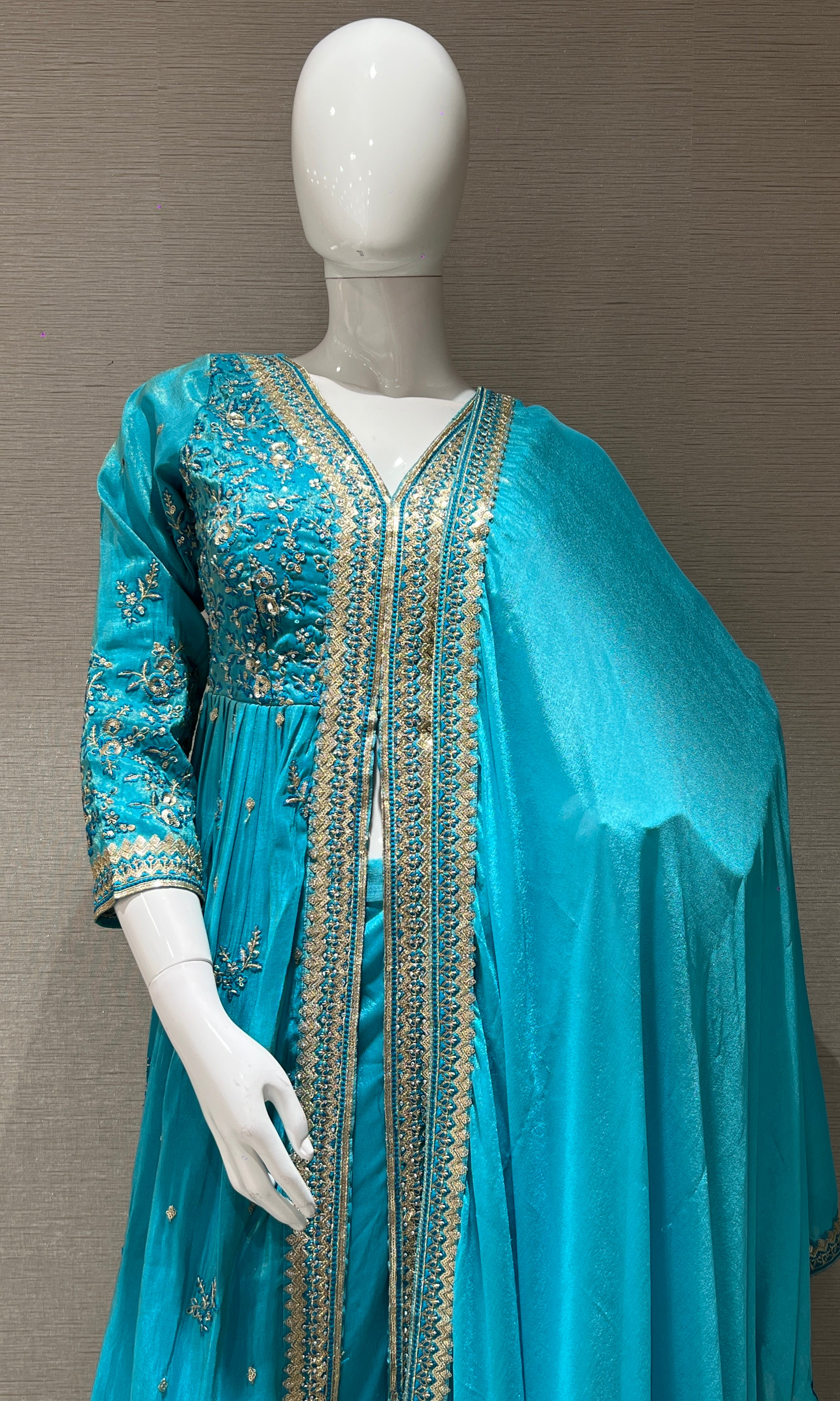 Sea Blue Front Slit Anarkali With Palazoo