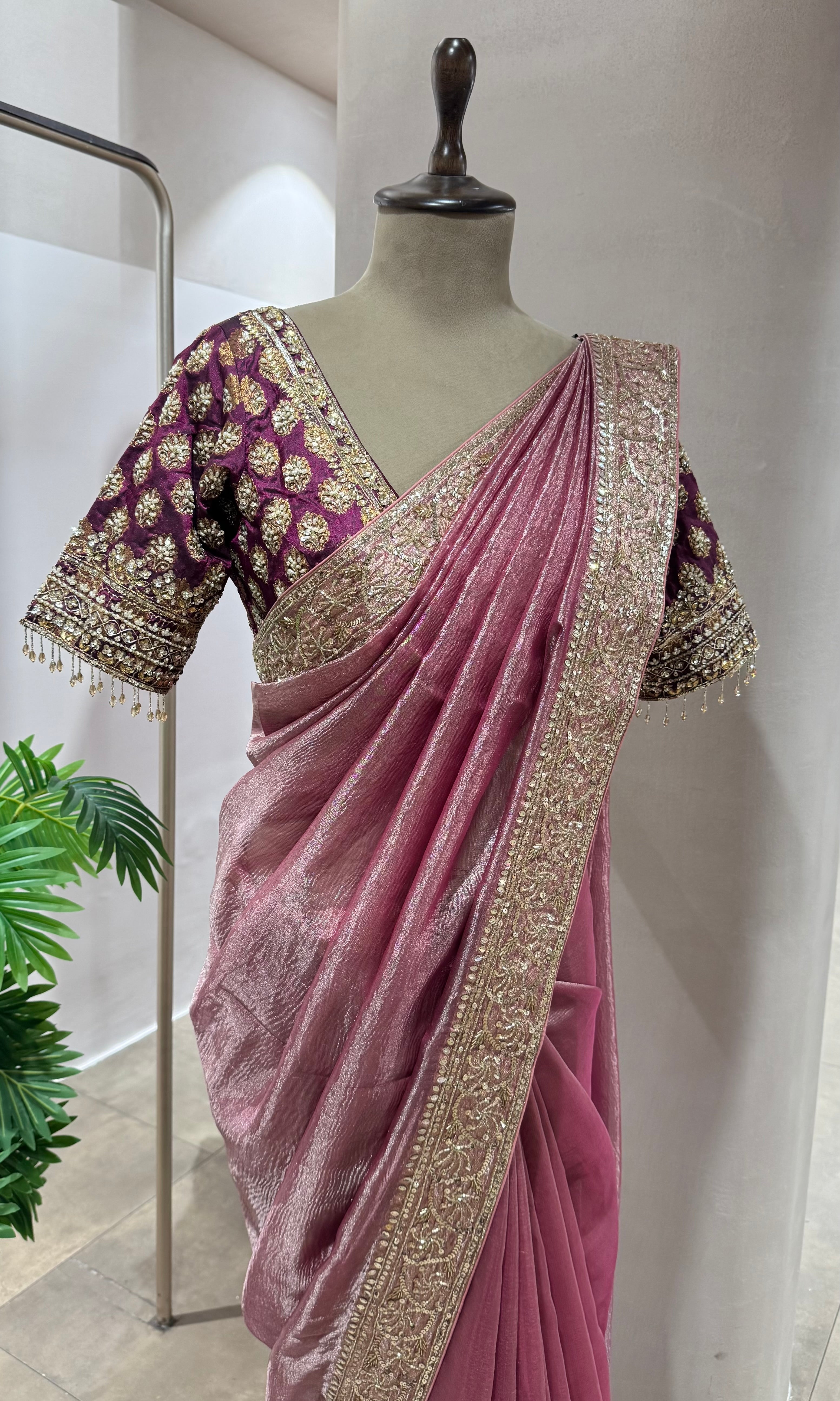 TISSUE WINE BANARASI SAREE WITH BLOUSE