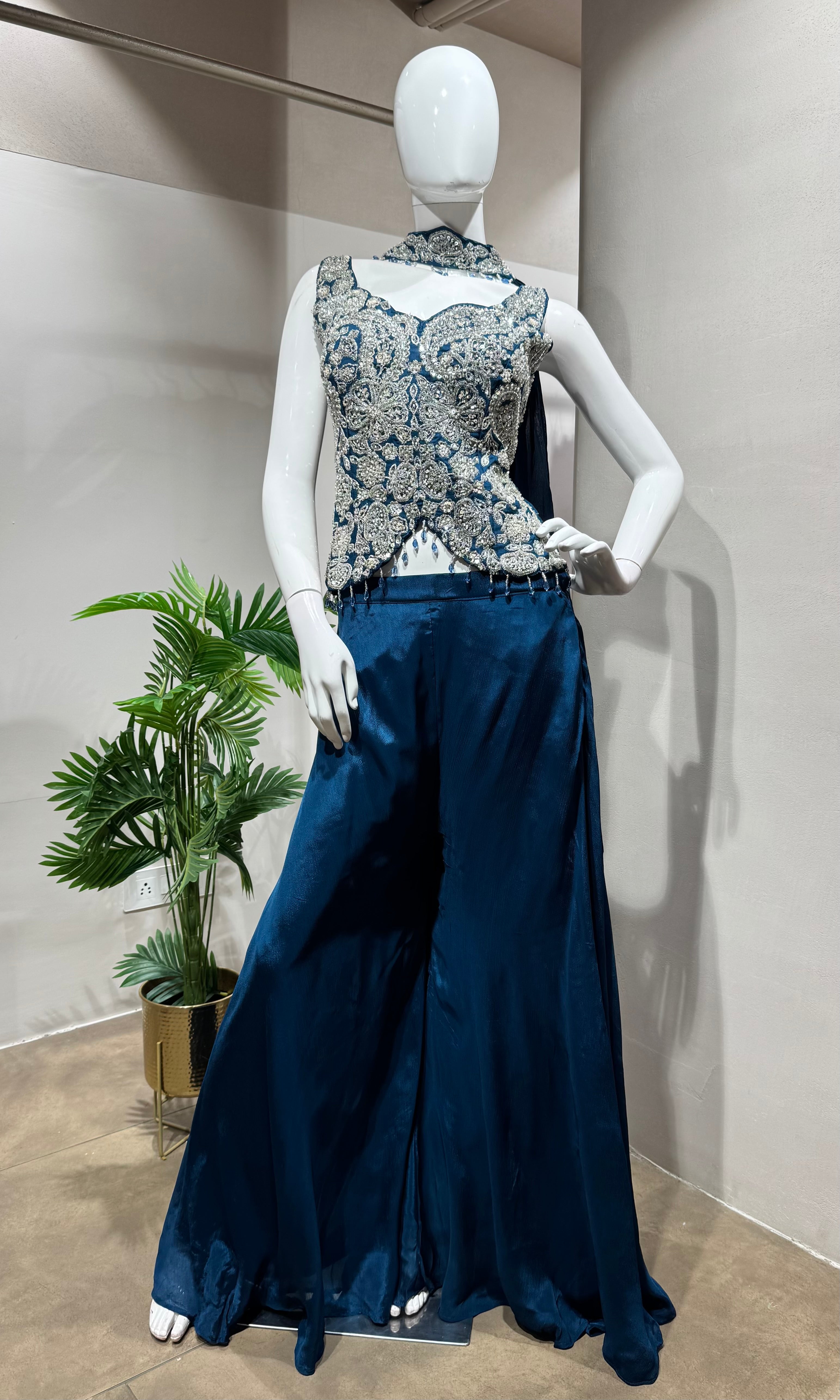Blue Embellished Peplum Palazzo Set
