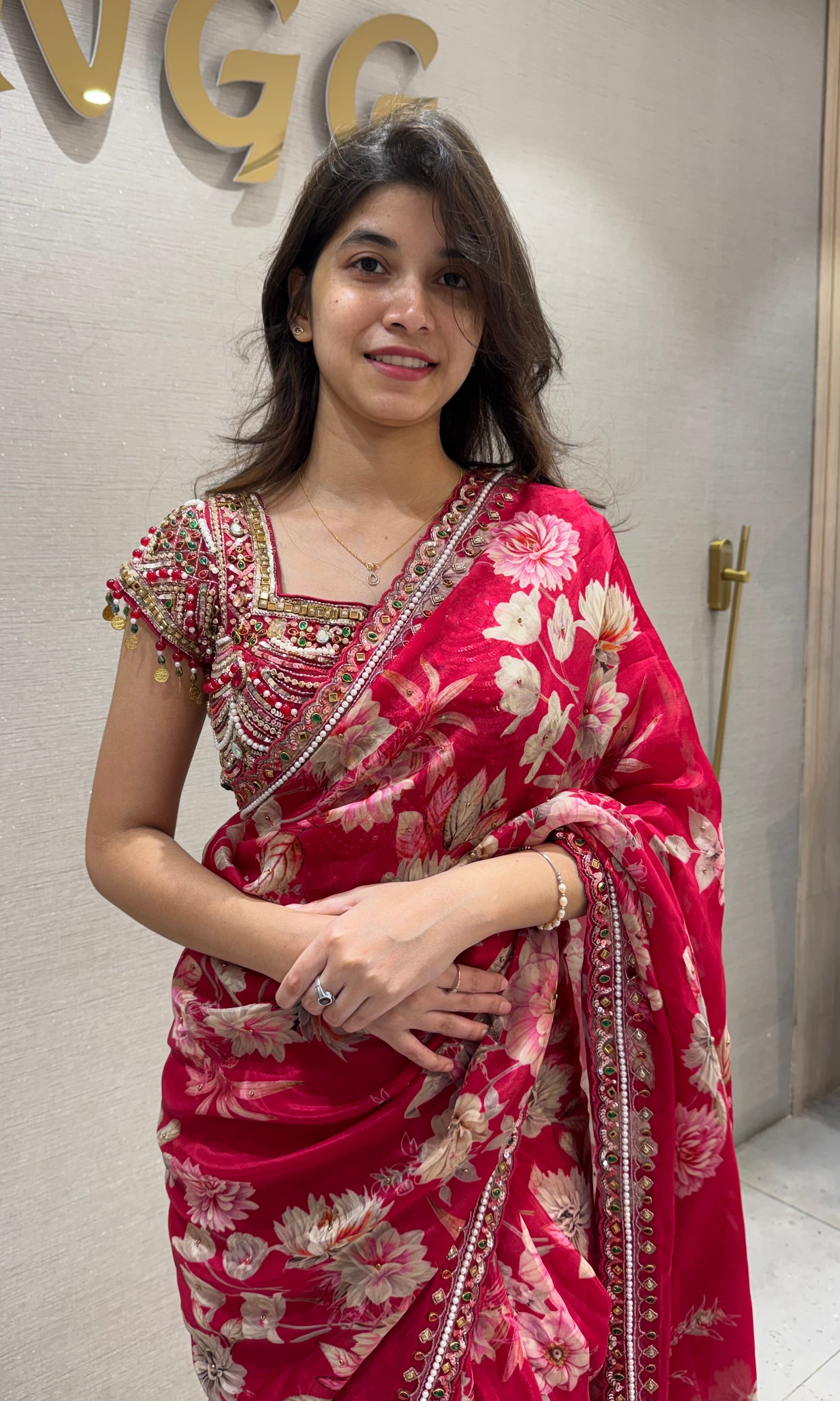 Rani Pink Crimson Bloom Georgette Saree
