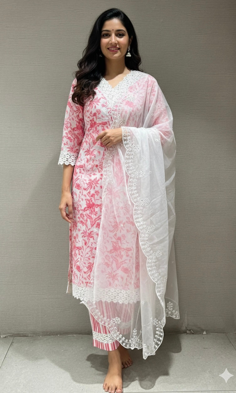 Pink floral print kurta set
