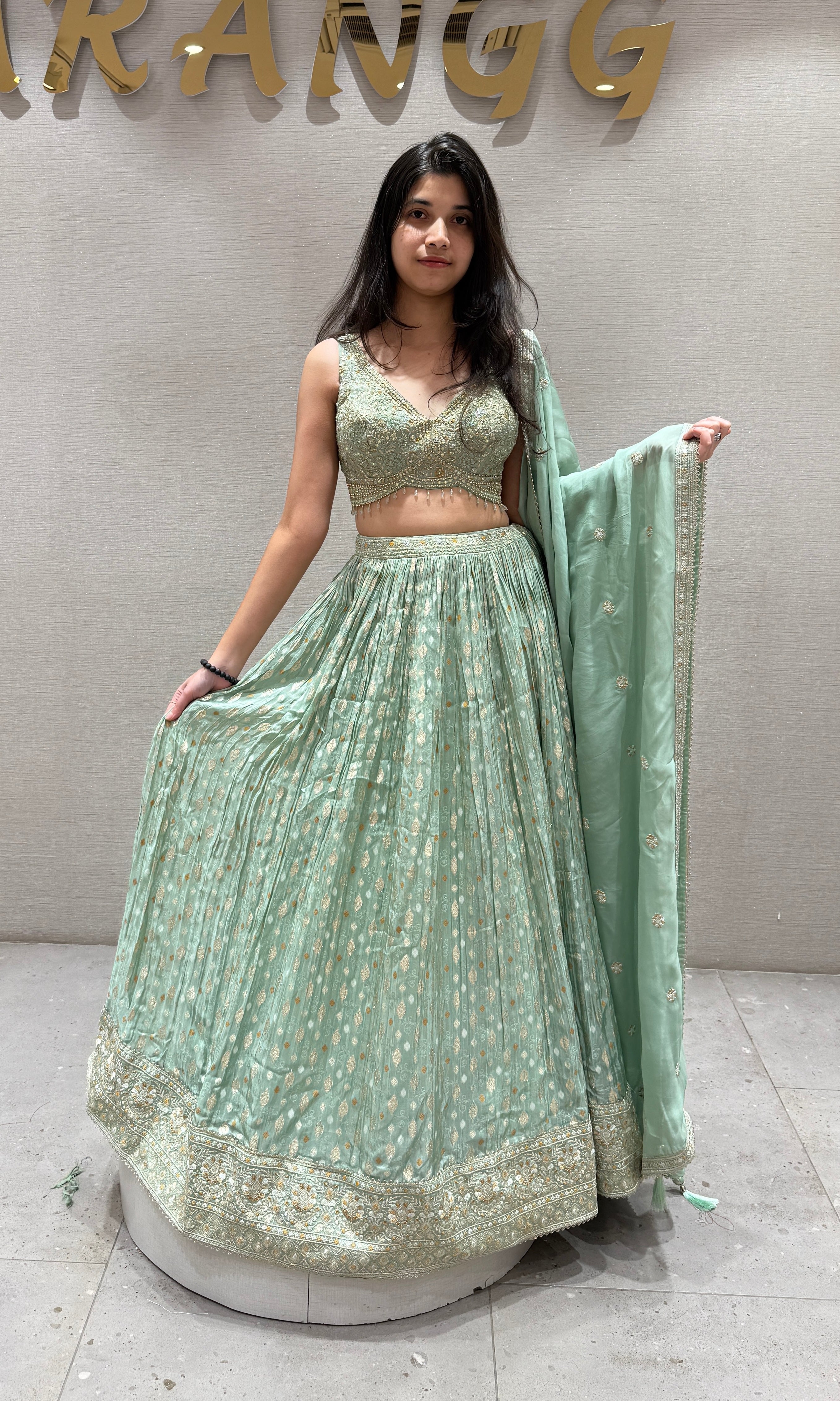 Pista Green Gold Woven Lehenga Ensemble