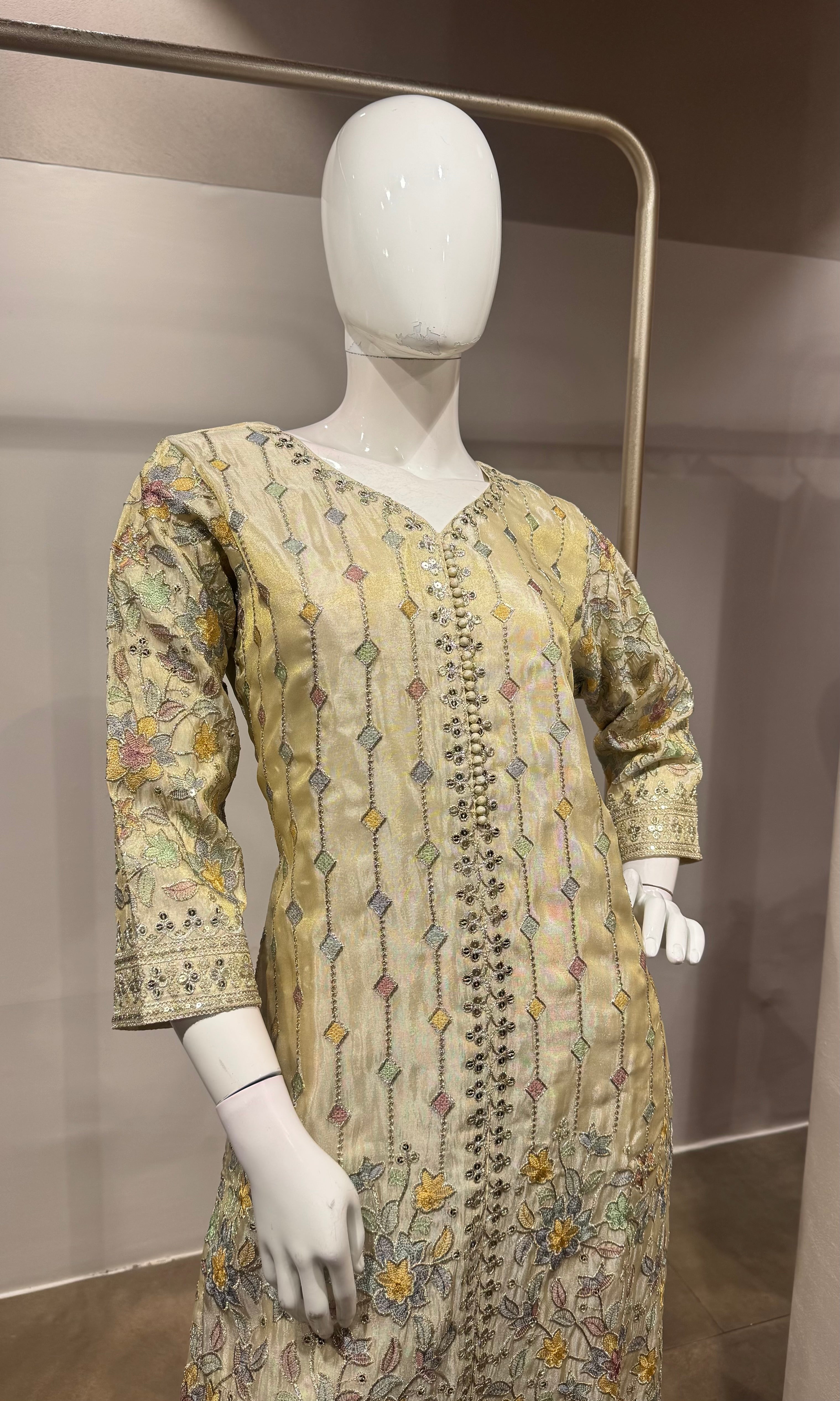 Cream Floral Embroidered Straight Kurta SET