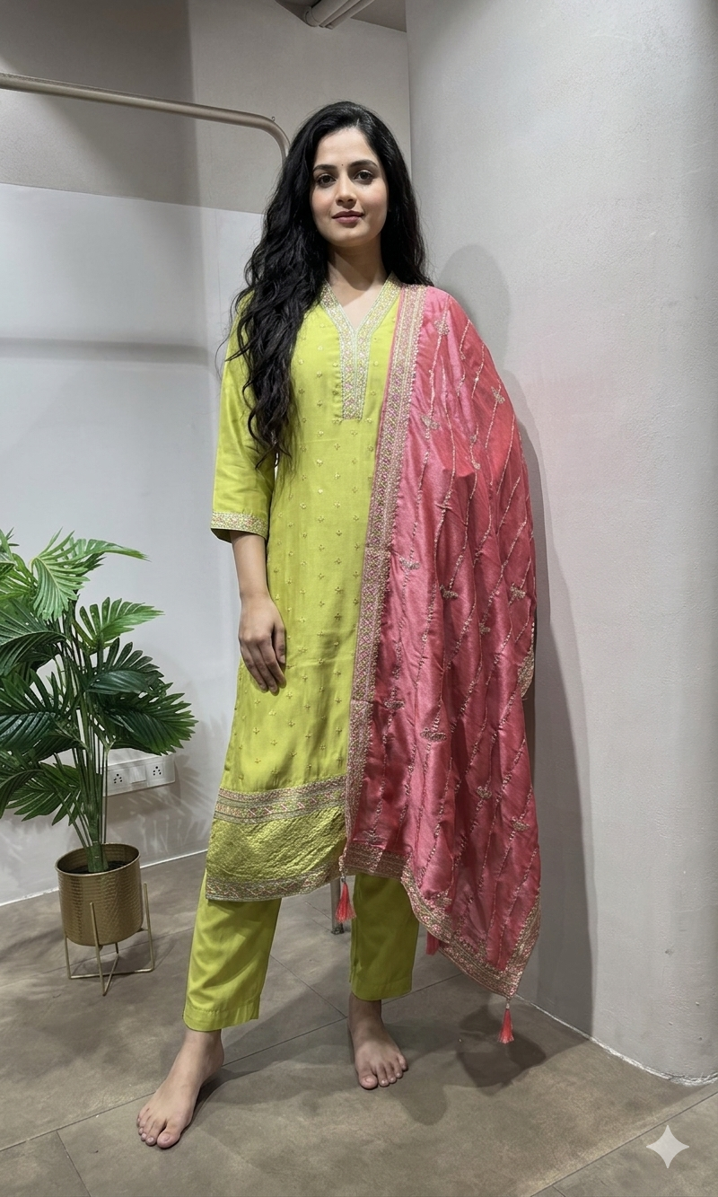 green embroidered straight kurta set