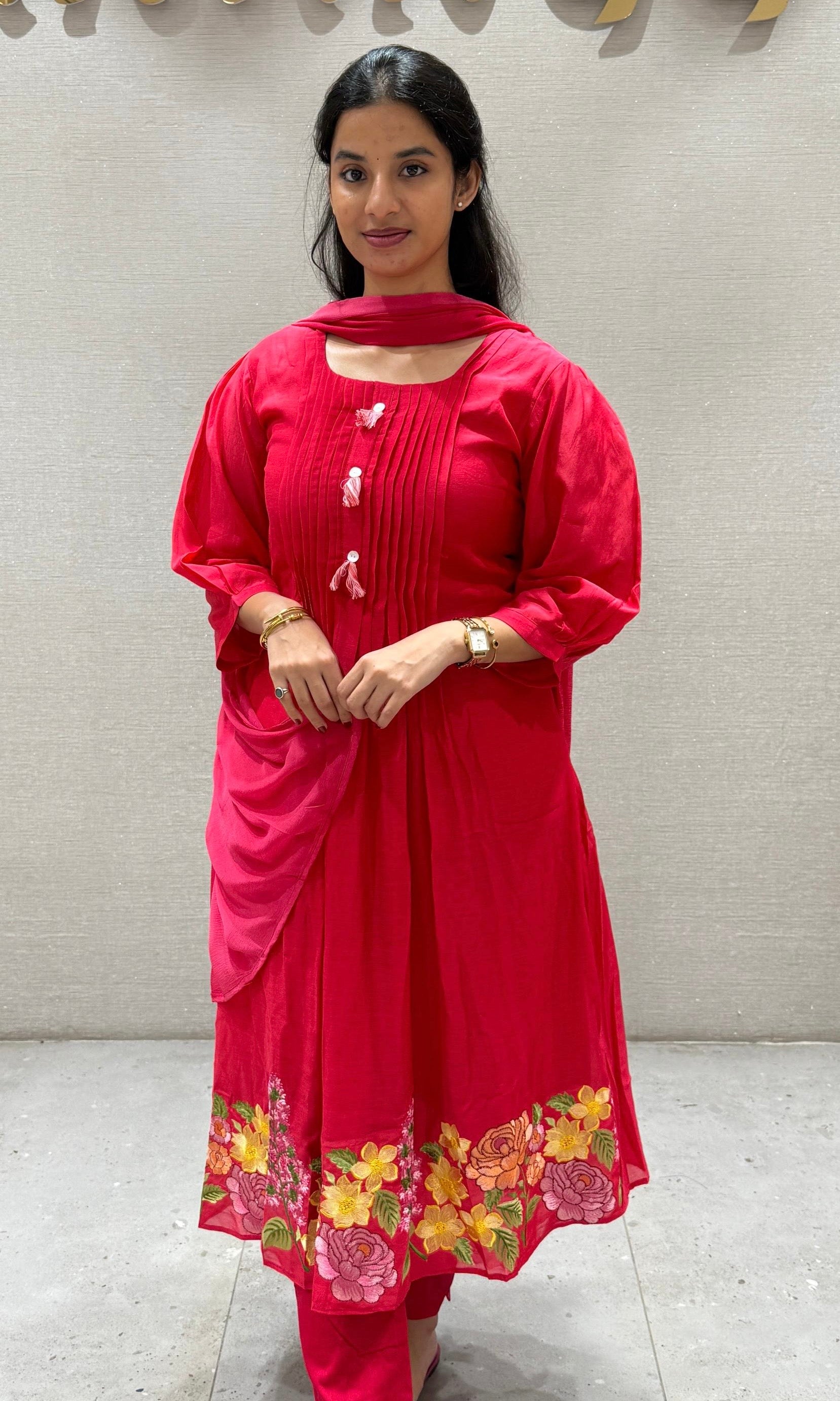 Rani pink Mul Chanderi kurta set