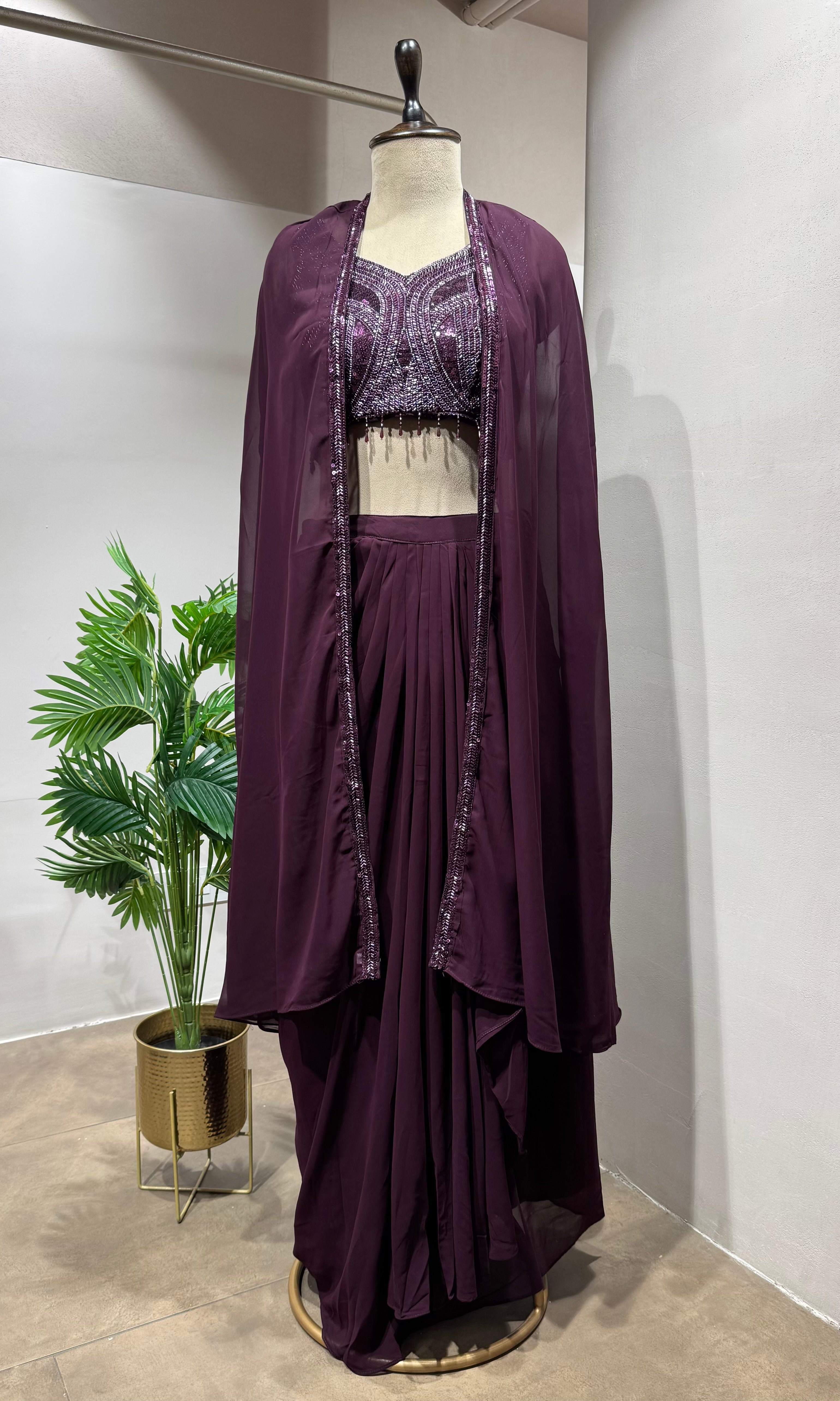 Wine Embellished Drape skirt Set with Flowing Cape