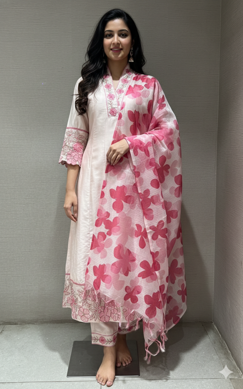 BLUSH PINK FLORAL PRINTED ANARKALI KURTA SET