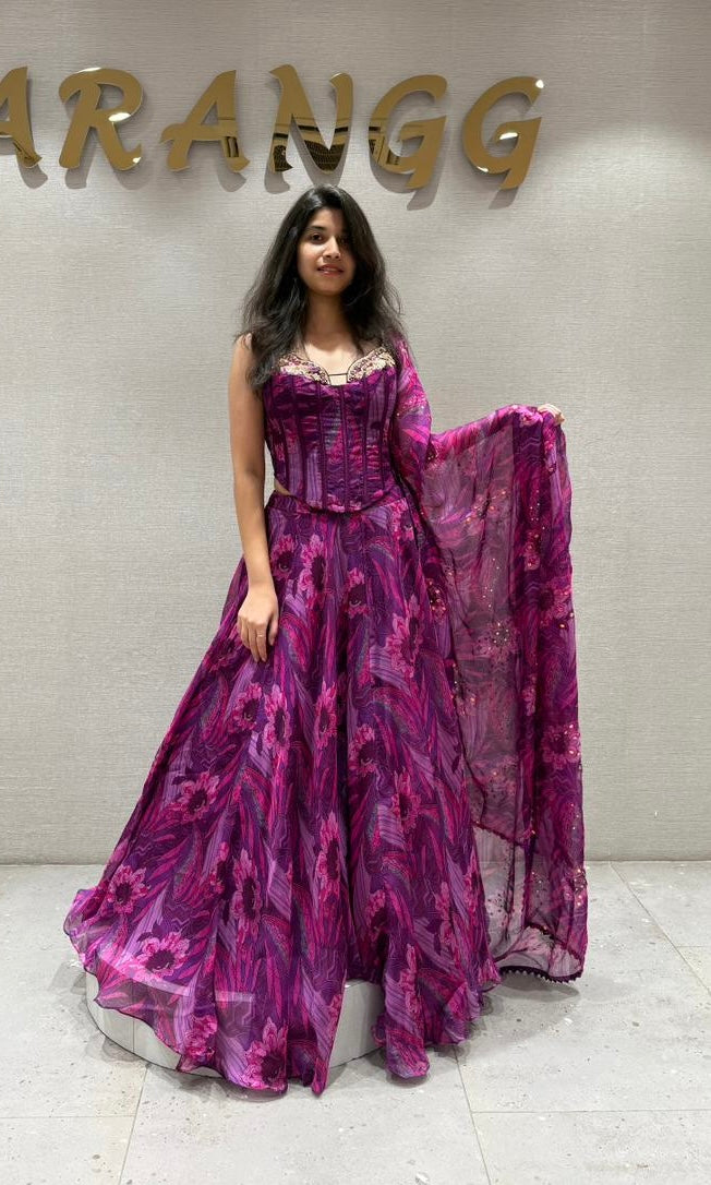 FUSCHIA PURPLE ABSTRACT CORSET LEHENGA