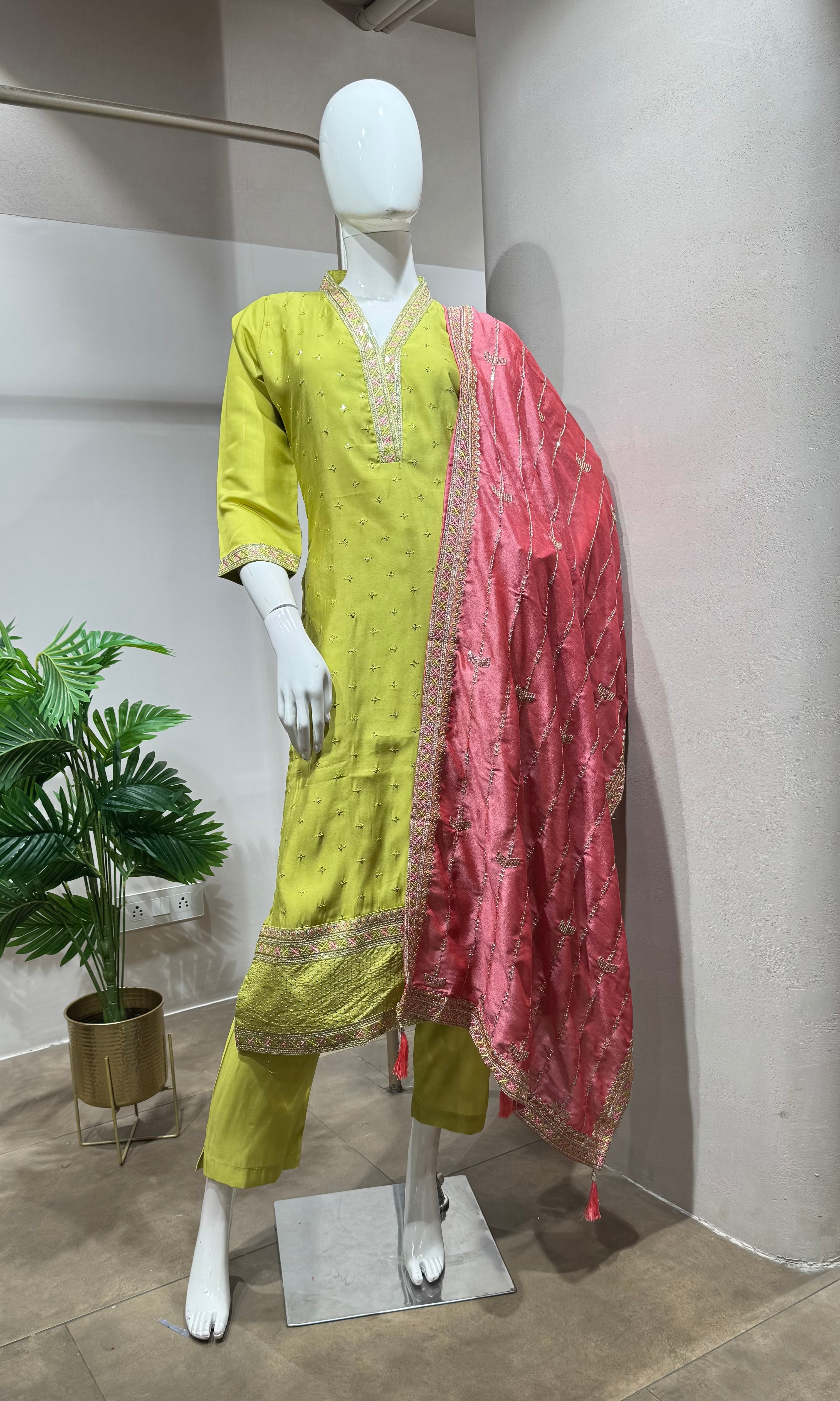 green embroidered straight kurta set