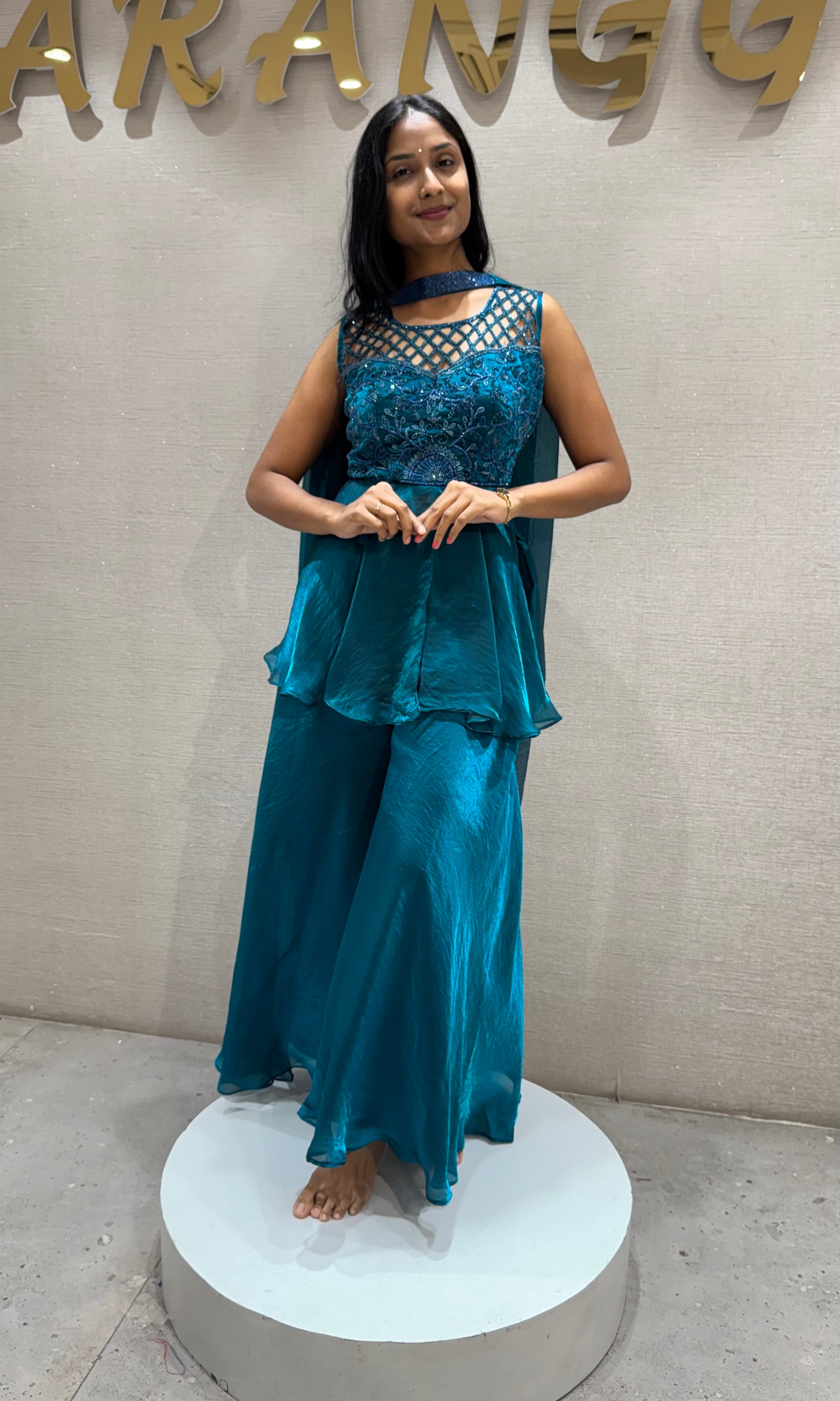 Rama Blue Georgette Peplum Palazzo Set