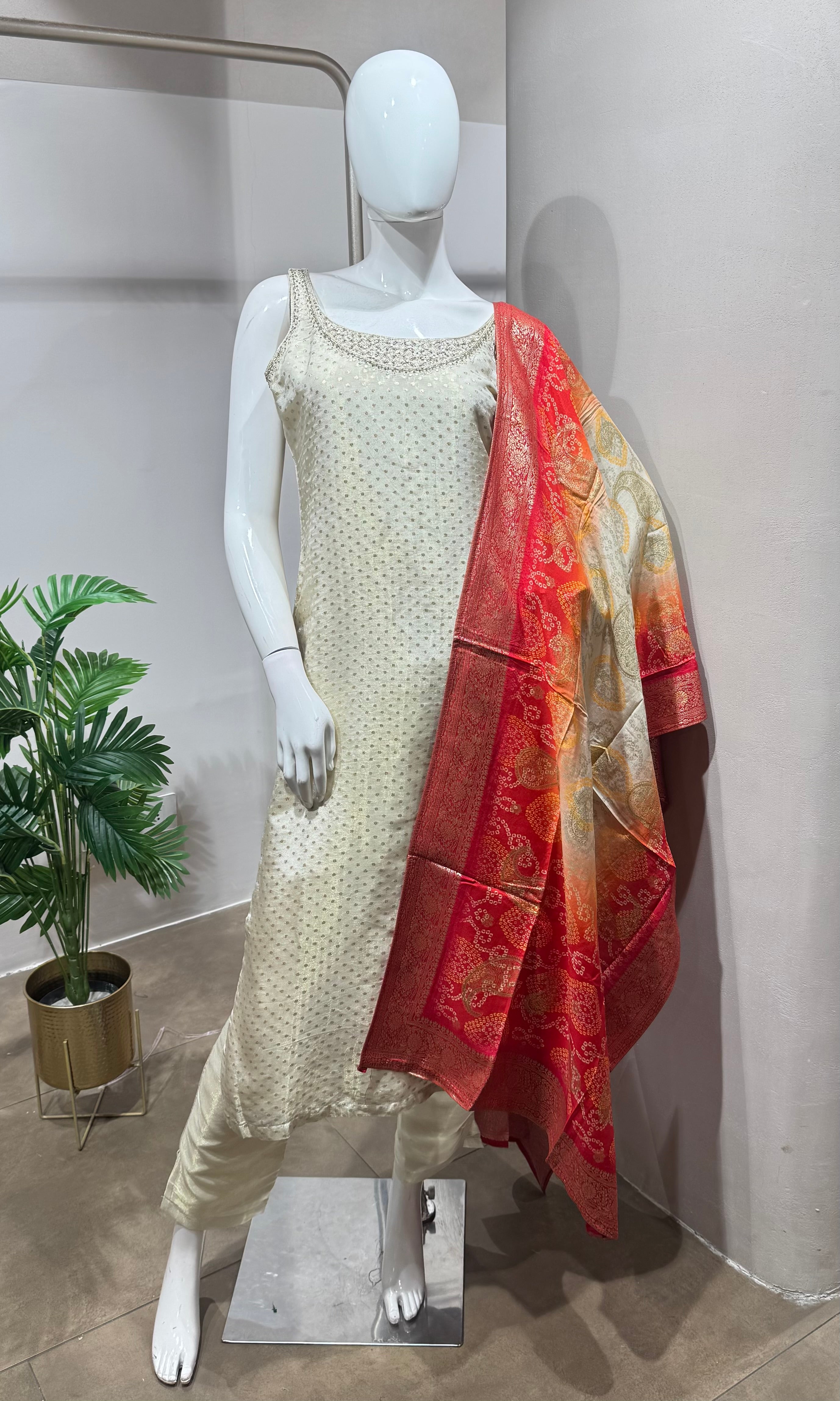 Cream embroidered kurta set with dupatta