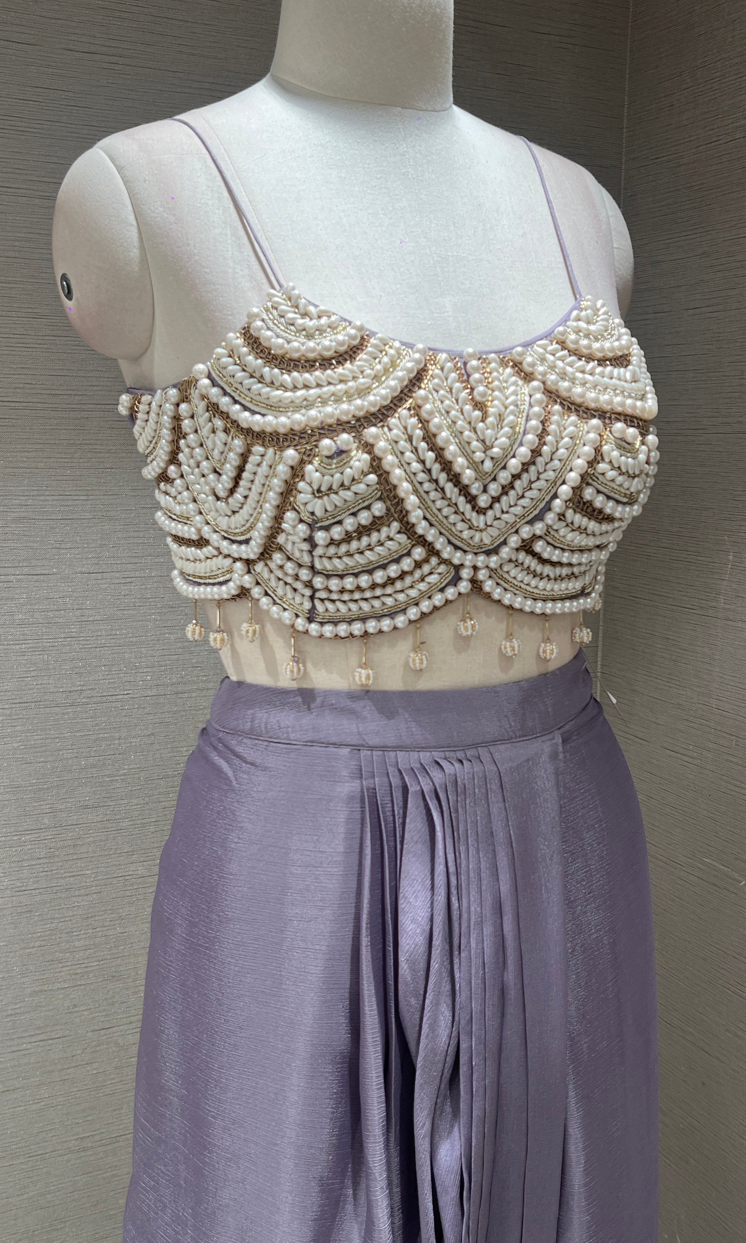 Pearl embellished lilac cape indo western dress