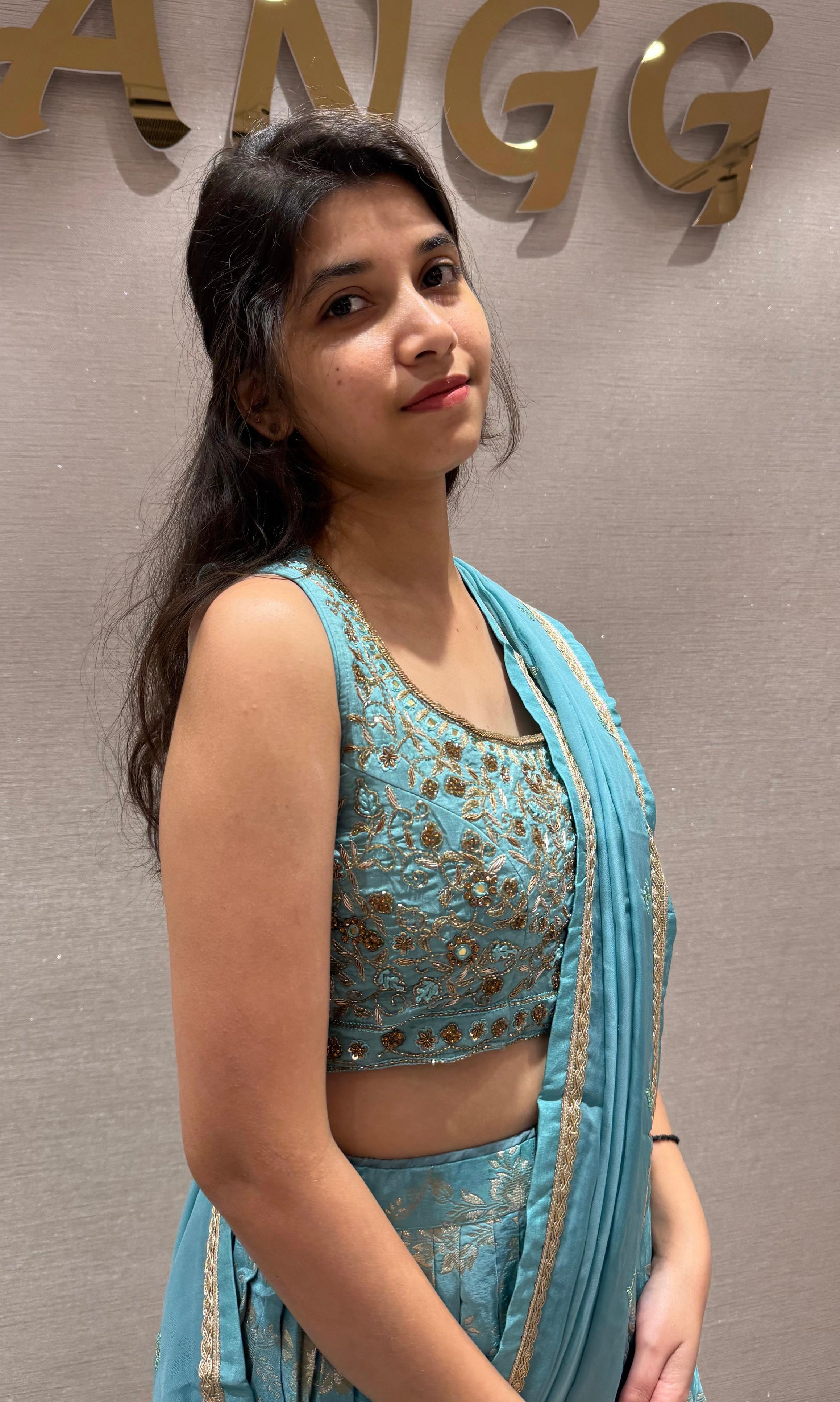 Blue Lehenga with Gold Zari detailing
