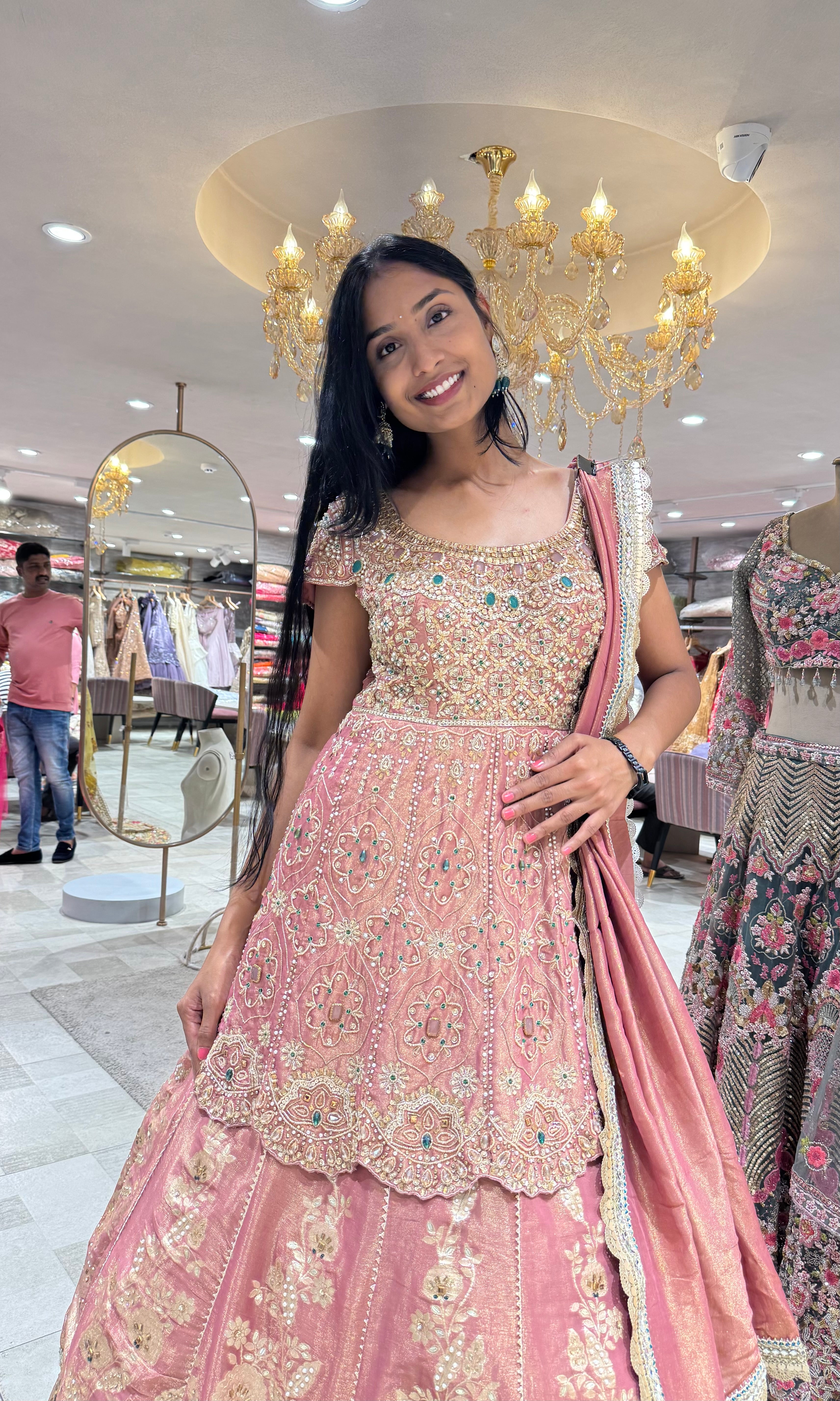 0NION PINK GOLDEN FLORAL EMBROIDERED LEHENGA