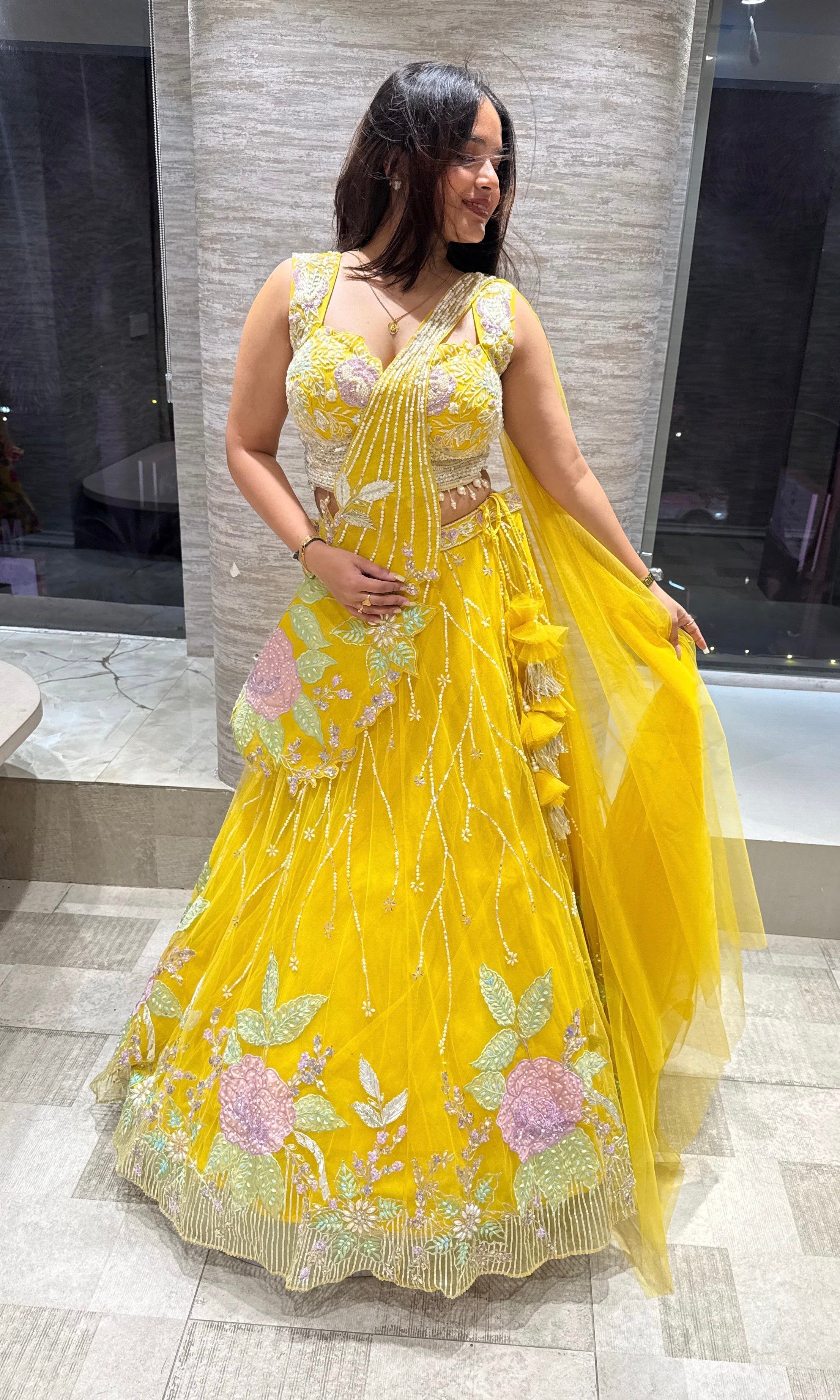 Yellow floral Crystal Embellished Lehenga