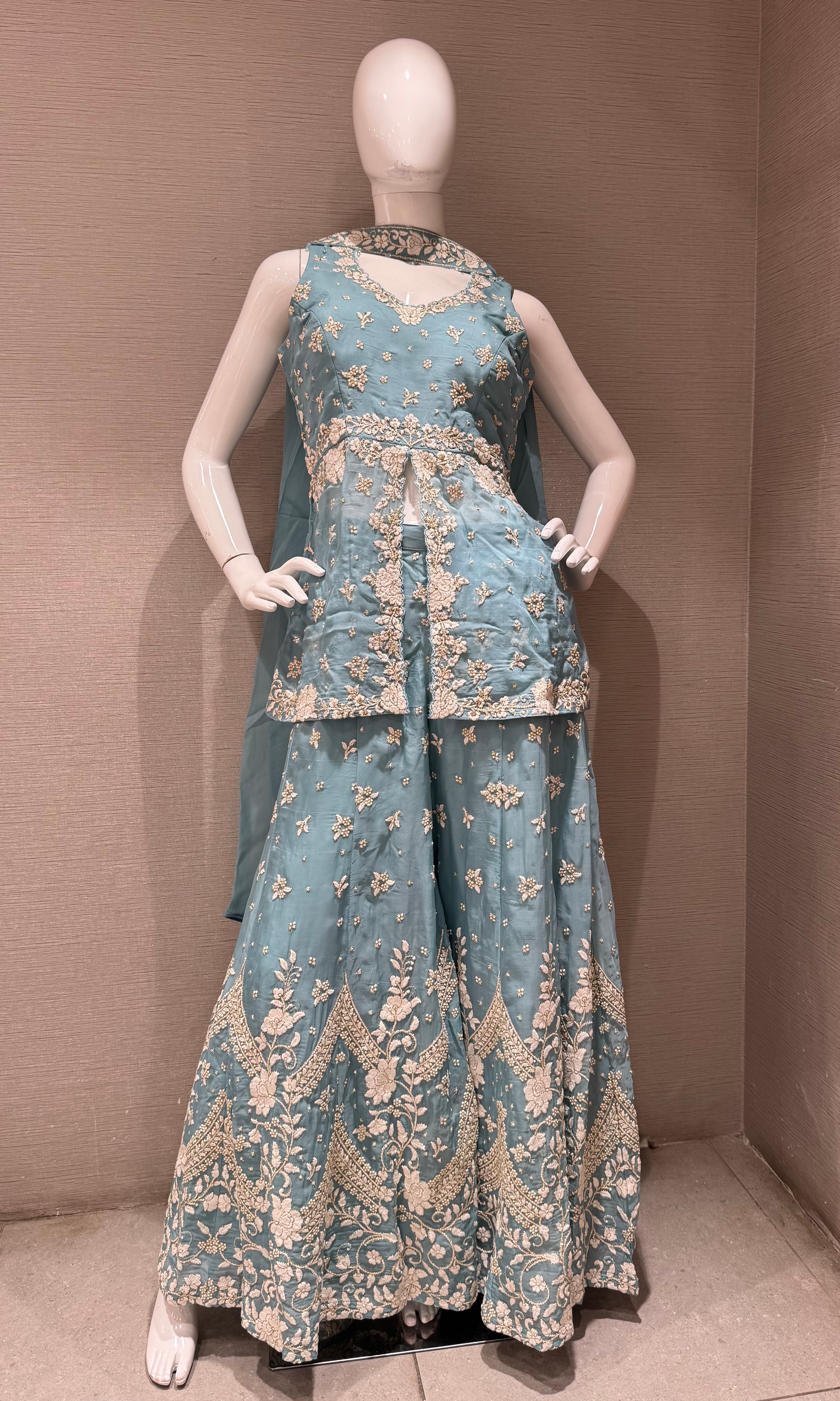 Blue Embellished Palazzo Set with Draped Dupatta