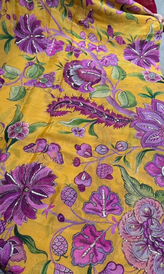 yellow floral saree with ready blouse