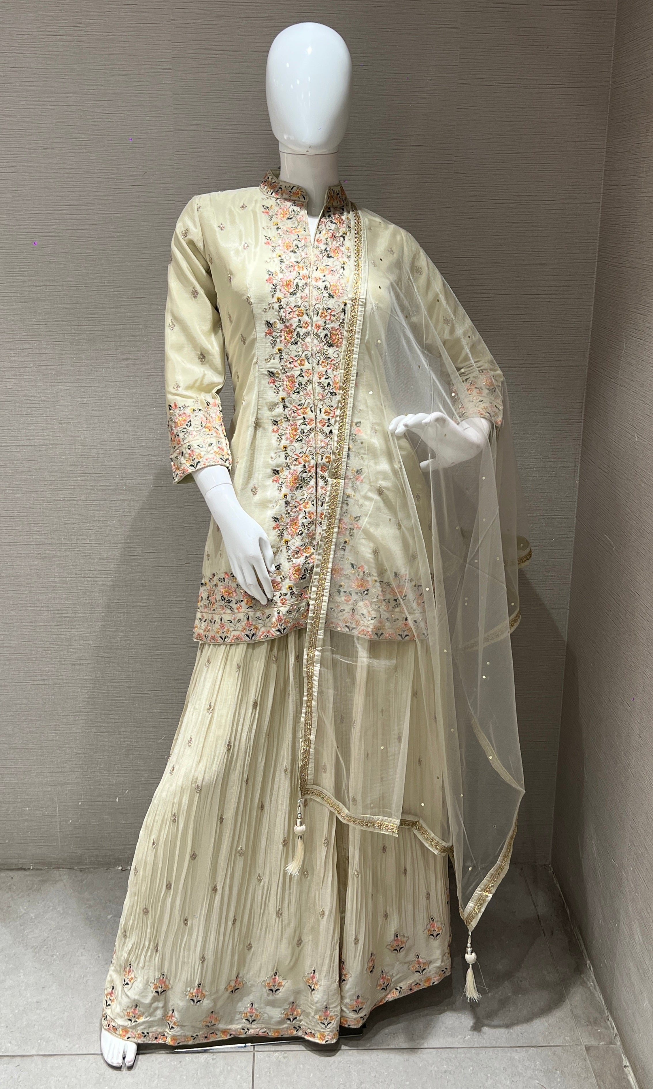 Floral Embroidered Cream Sharara