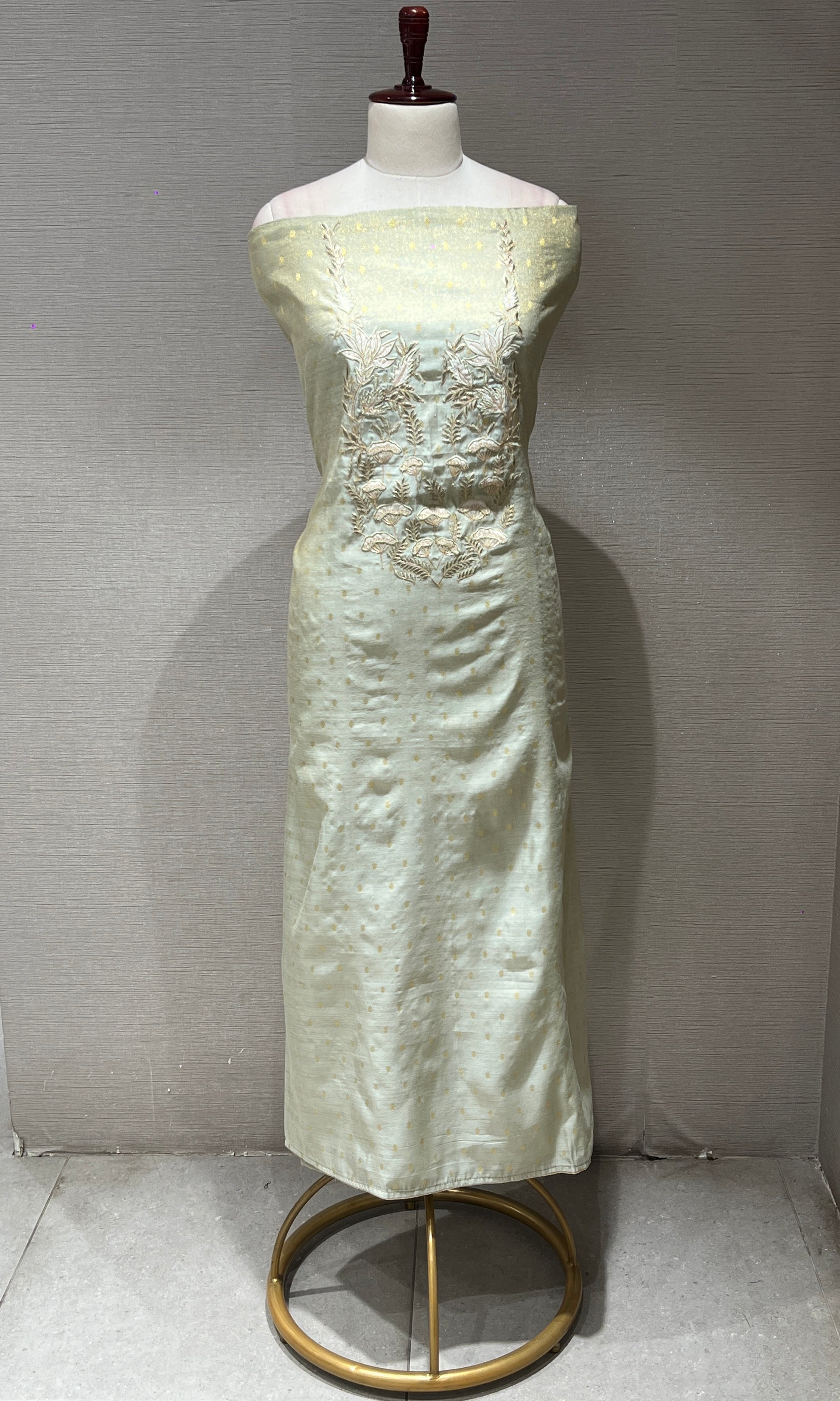 Pista green embroidered dress material