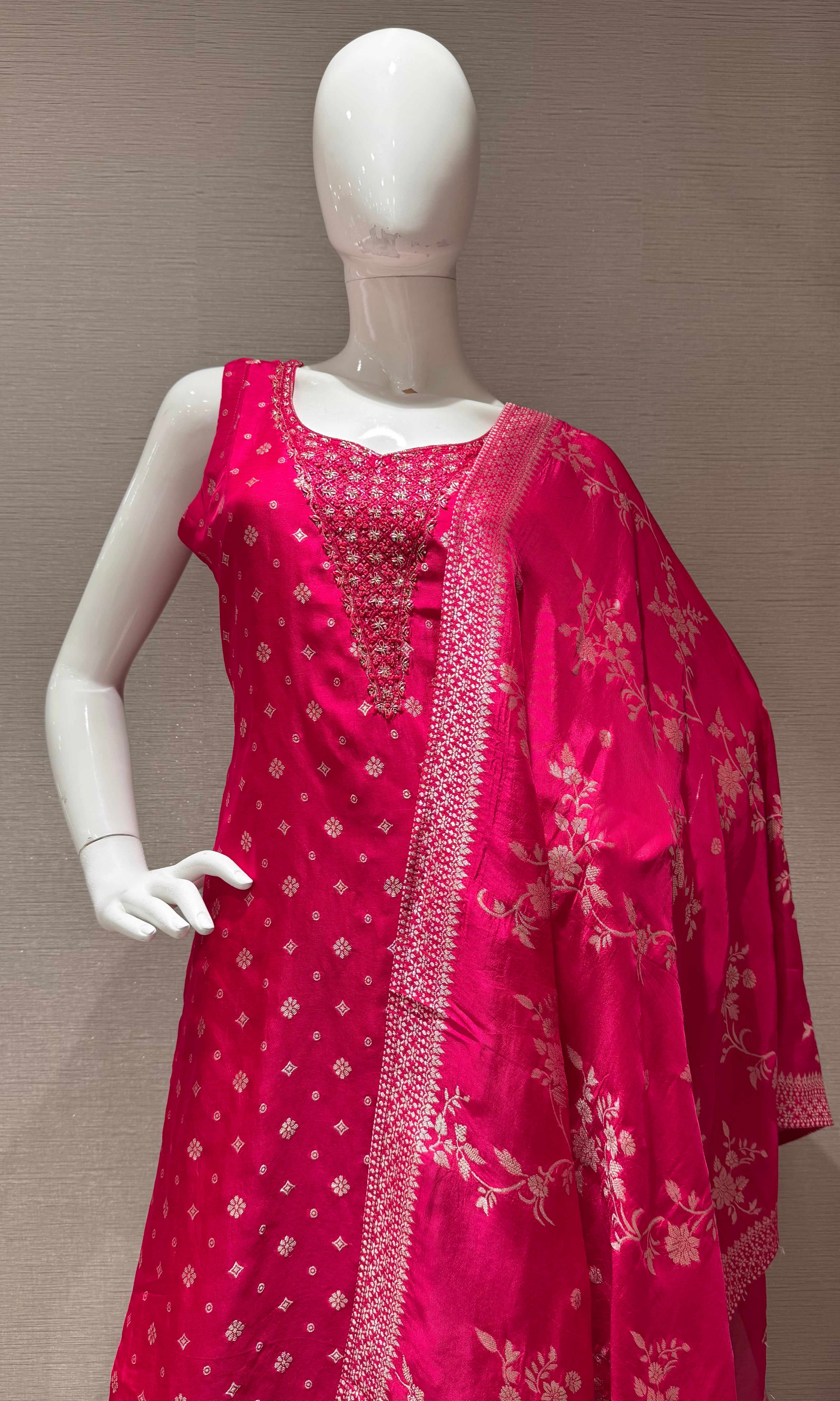 Pink Bandhani Print Kurta set with Floral Dupatta