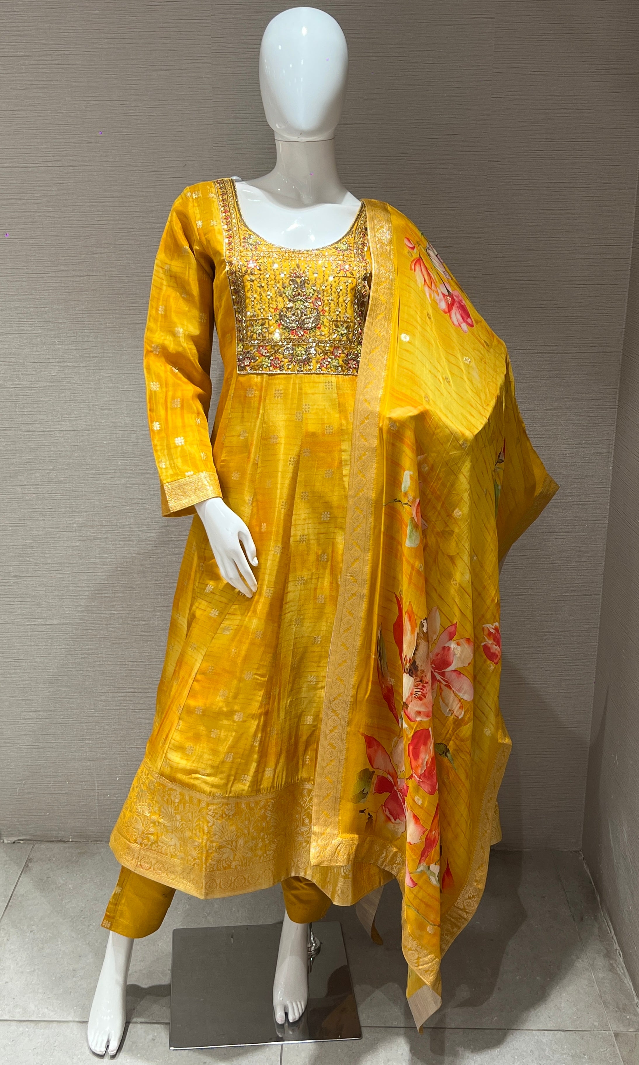 Yellow Anarkali with Floral Dupatta