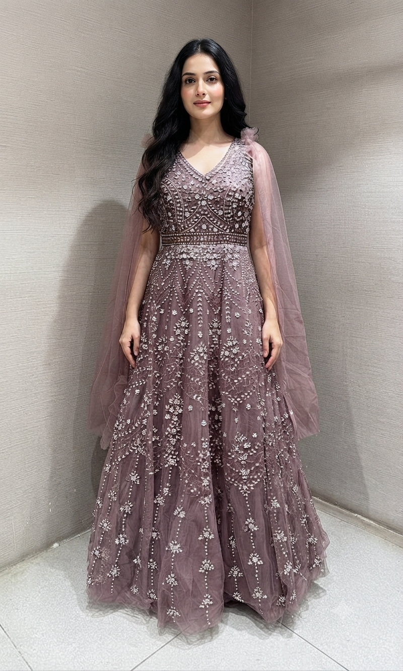 Mauve Embroidered Tulle Gown with Net Flare