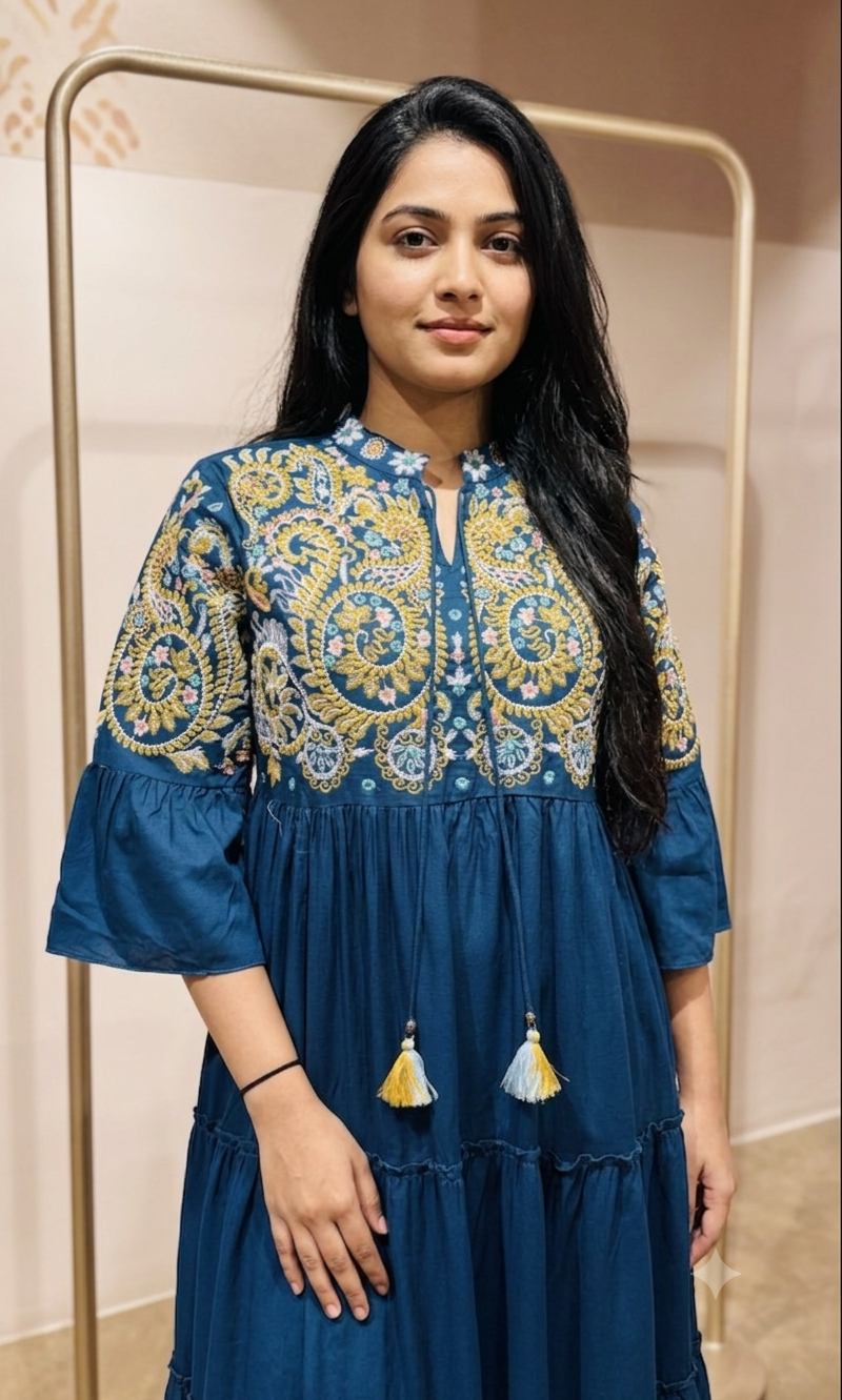 Blue Tiered Dress with Multicolor Embroidered Yoke