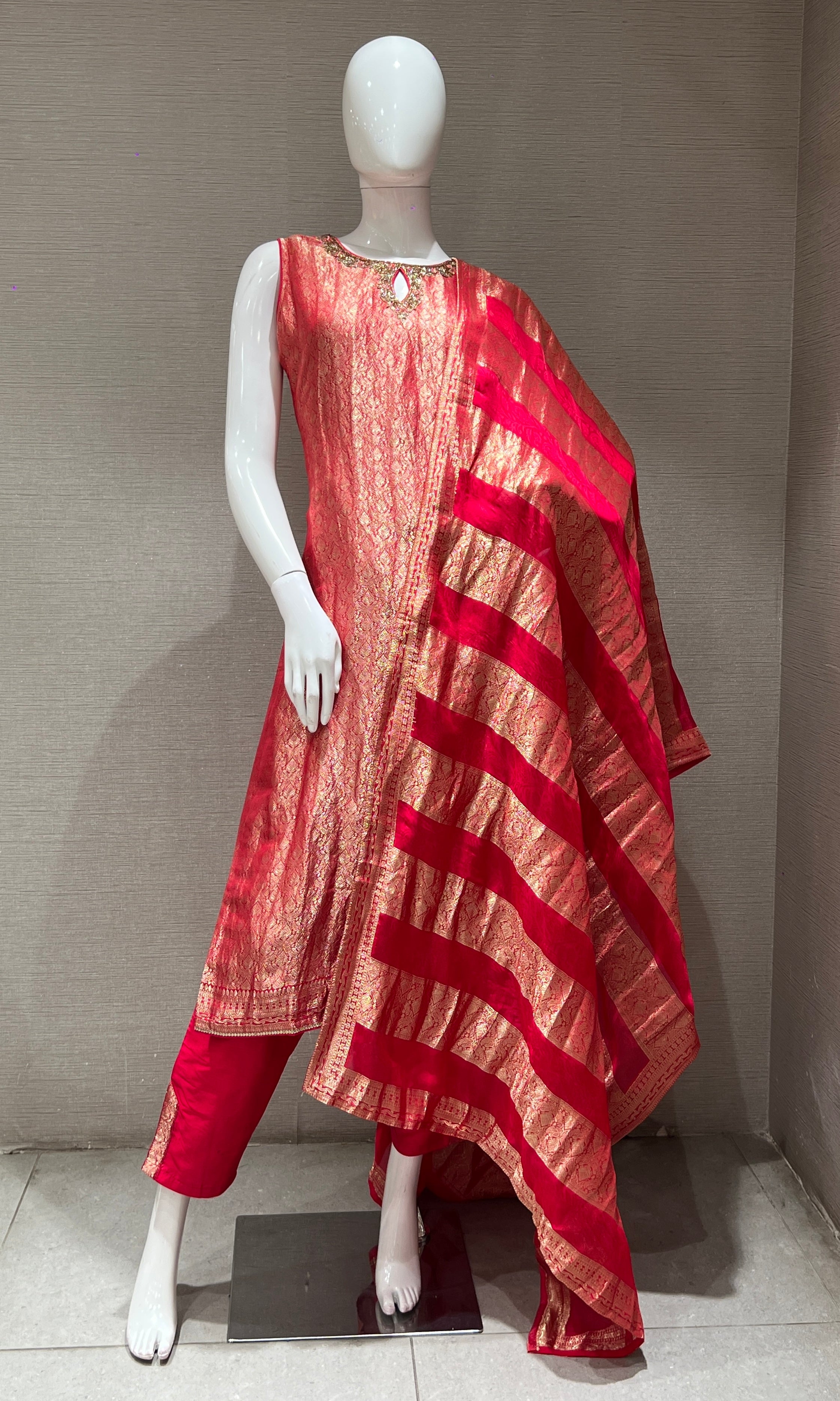 red and gold kurta set with dupatta