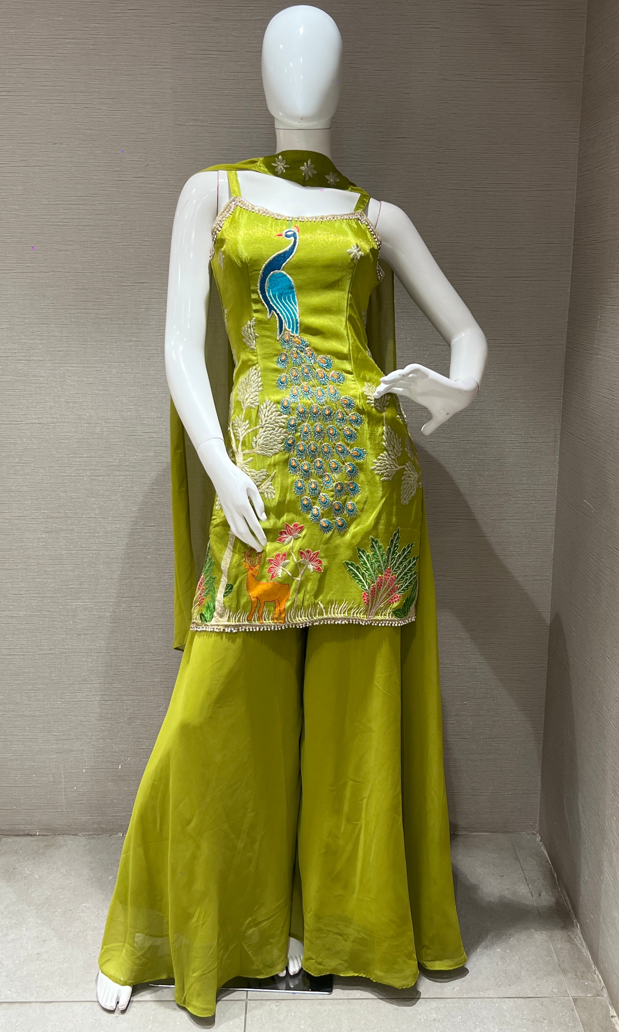 GREEN PEACOCK EMBROIDERED PALAZZO