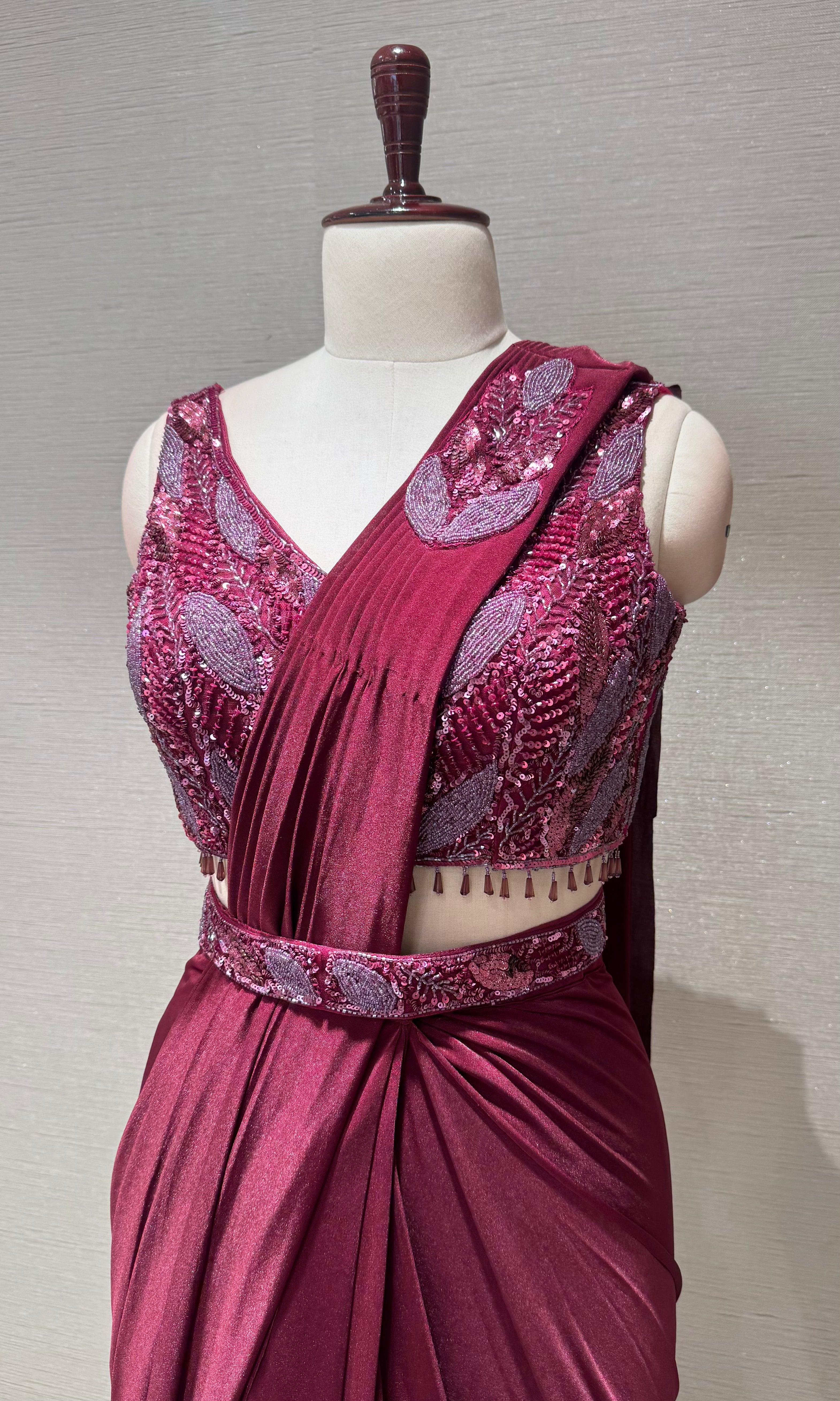 Wine Draped Saree with ethnic blouse and belt
