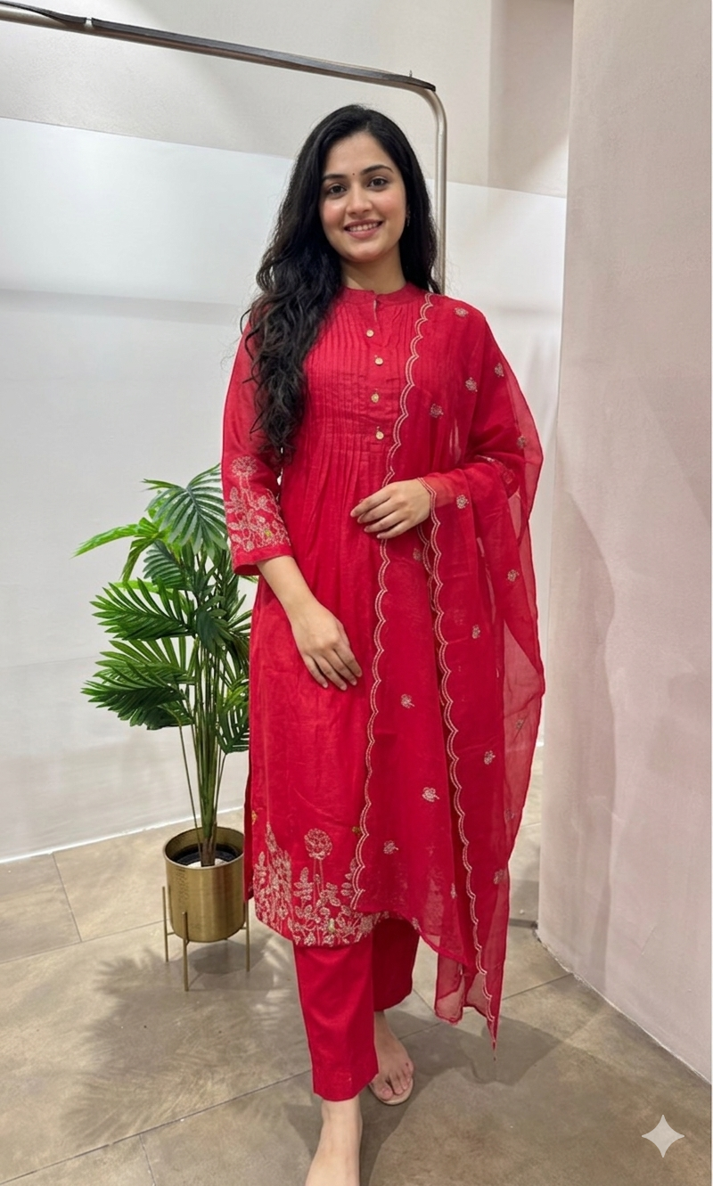 PINK FLORAL MUL CHANDERI KURTA SET