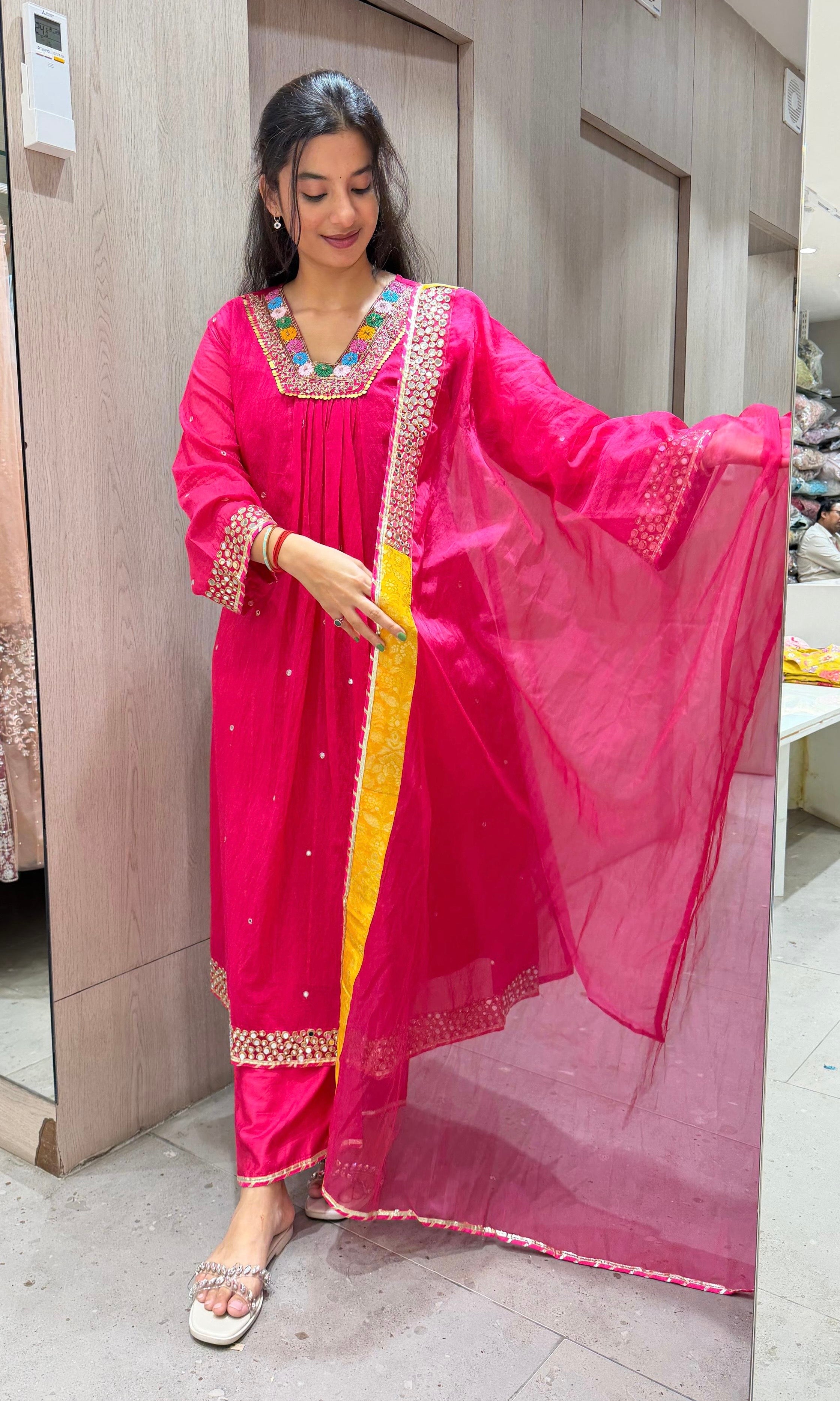 RANI PINK FLORAL NECK A LINE kurta set