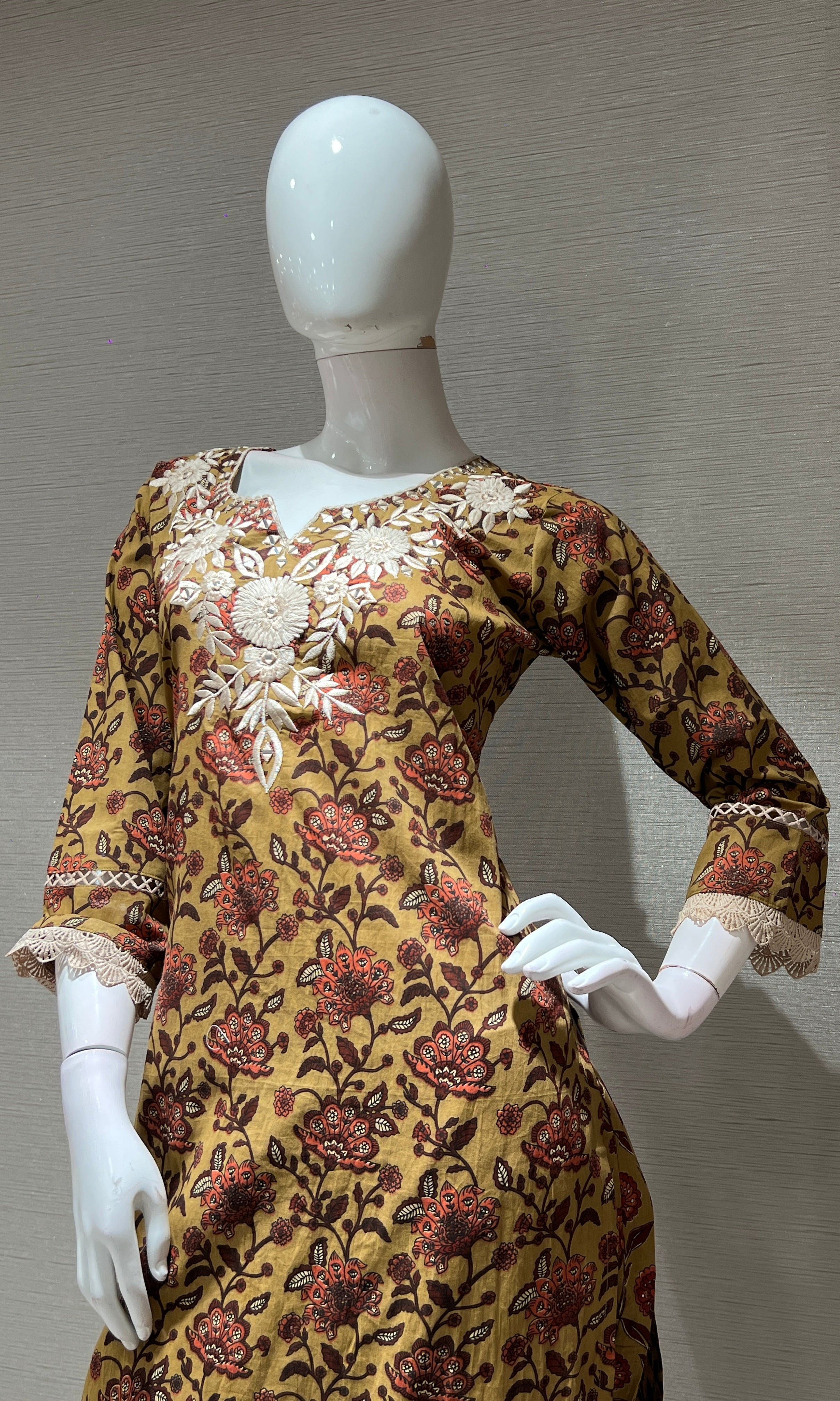 MUSTARD YELLOW printed EMBROIDERED KURTA SET