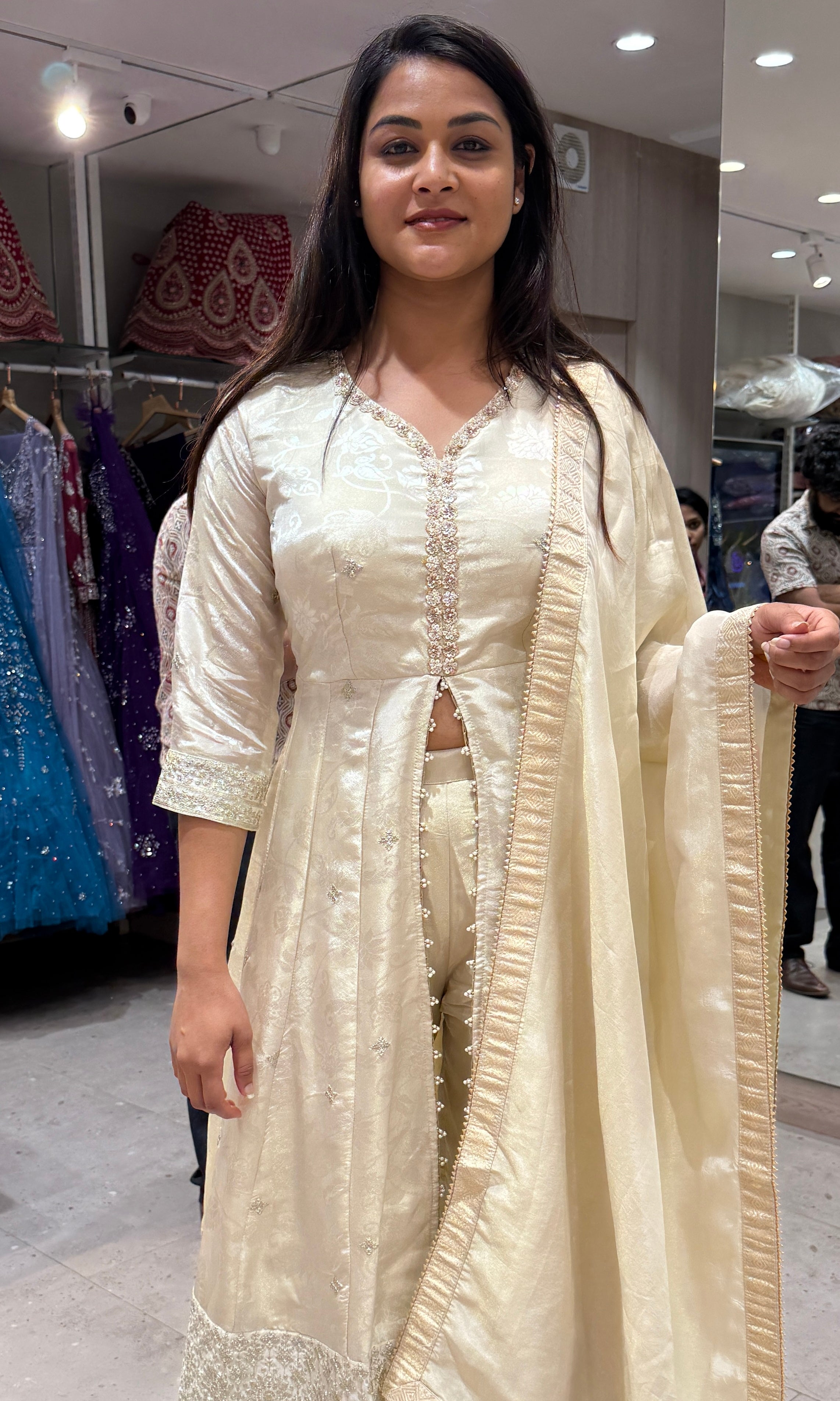 White front slit Kurti set with straight pant