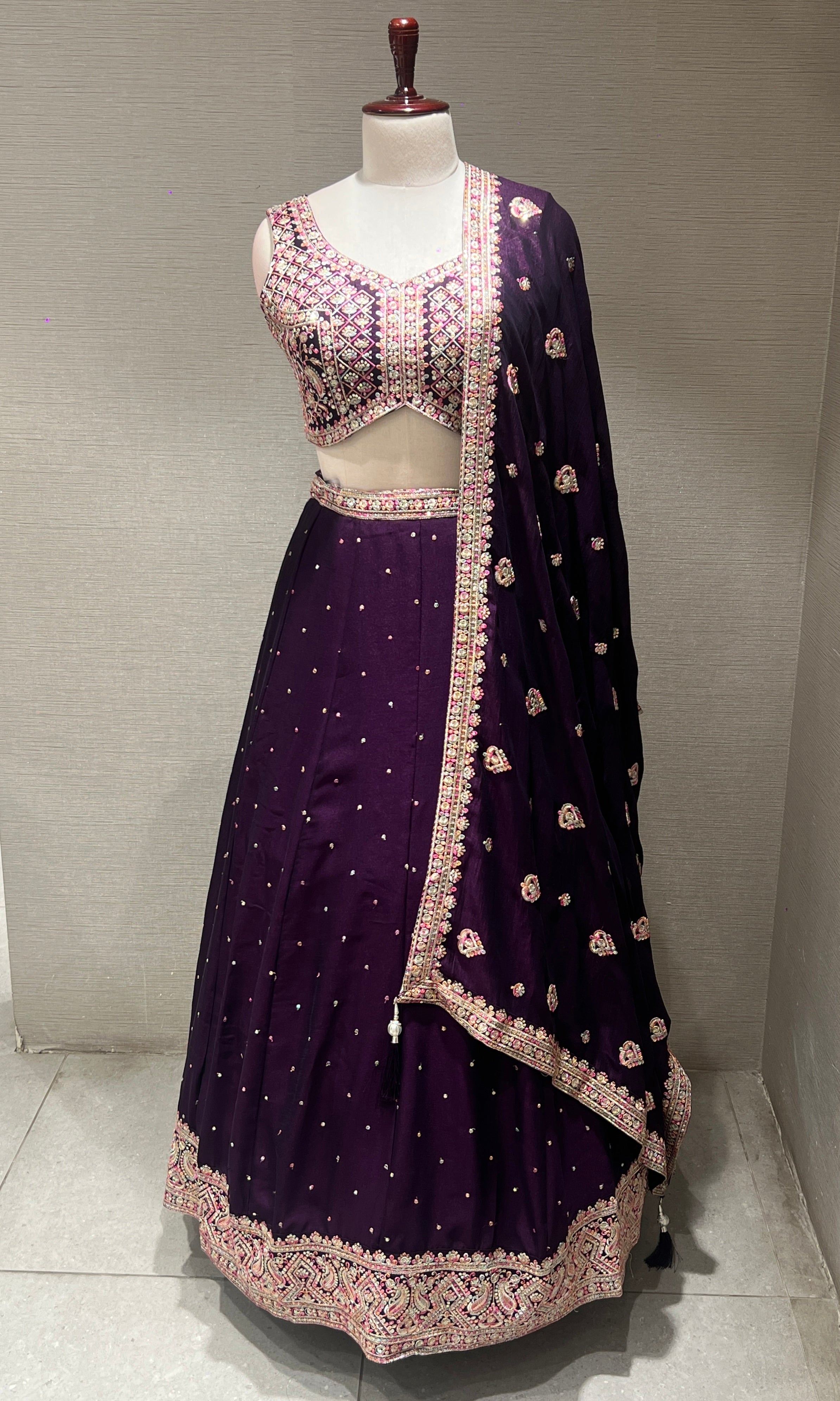 Wine Mirrorwork Embroidered Lehenga Set