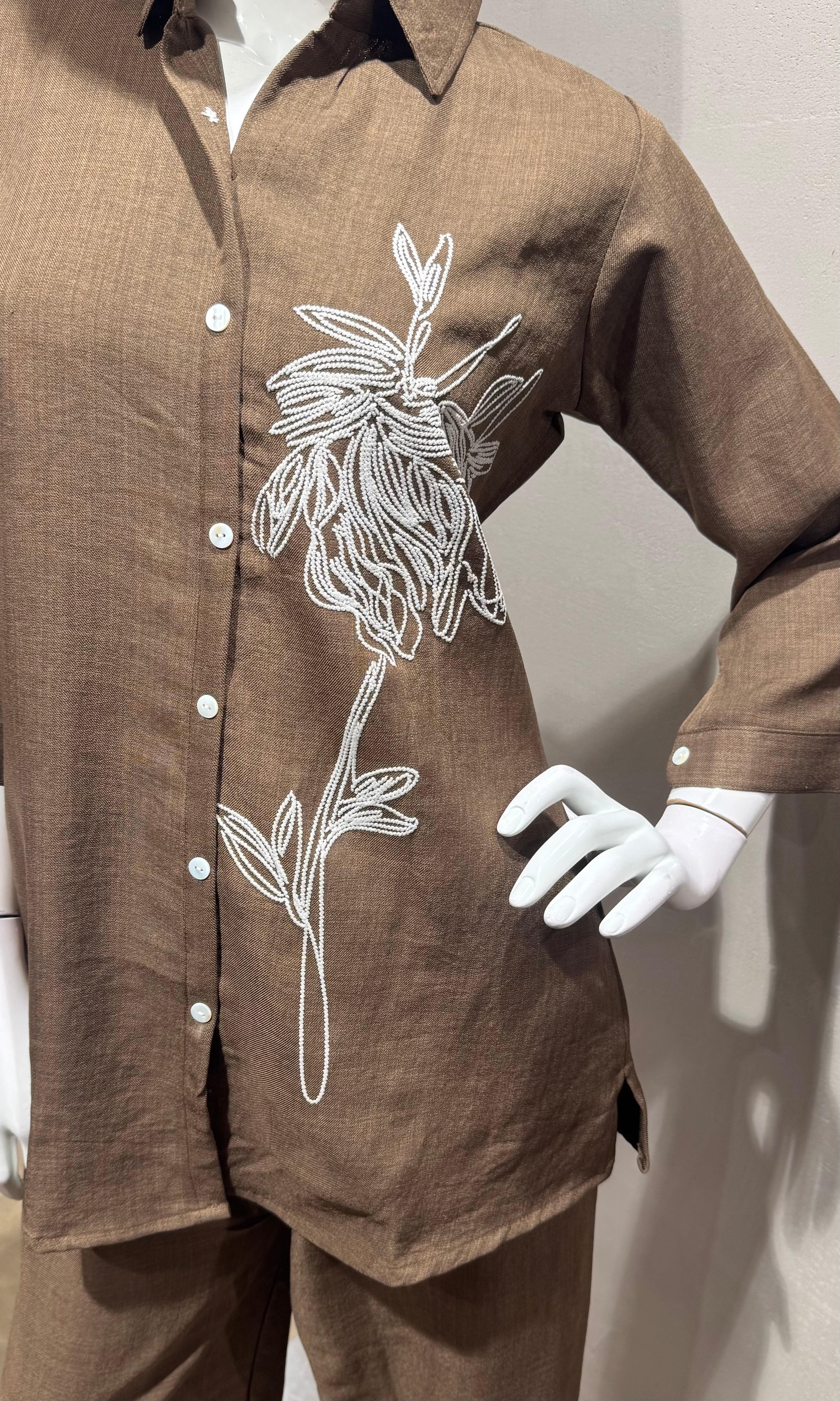 Brown Floral Embroidered Cord Set
