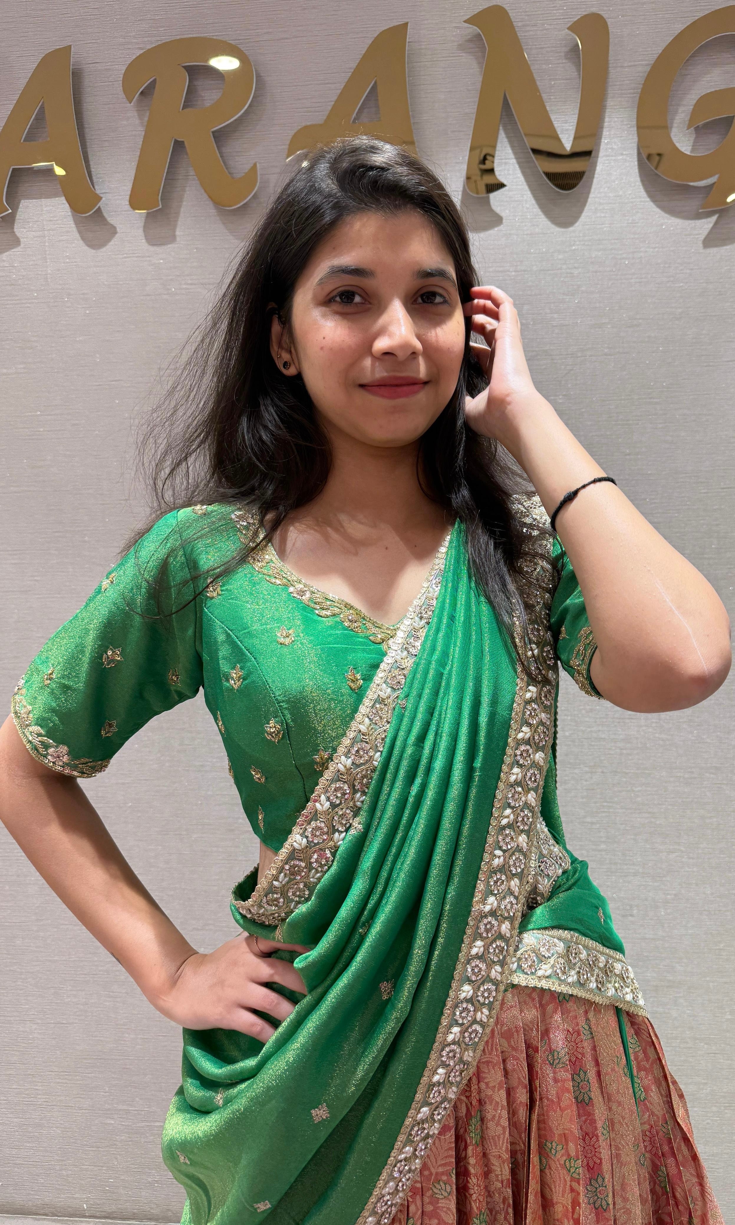 Green orange silk pattu Lehenga