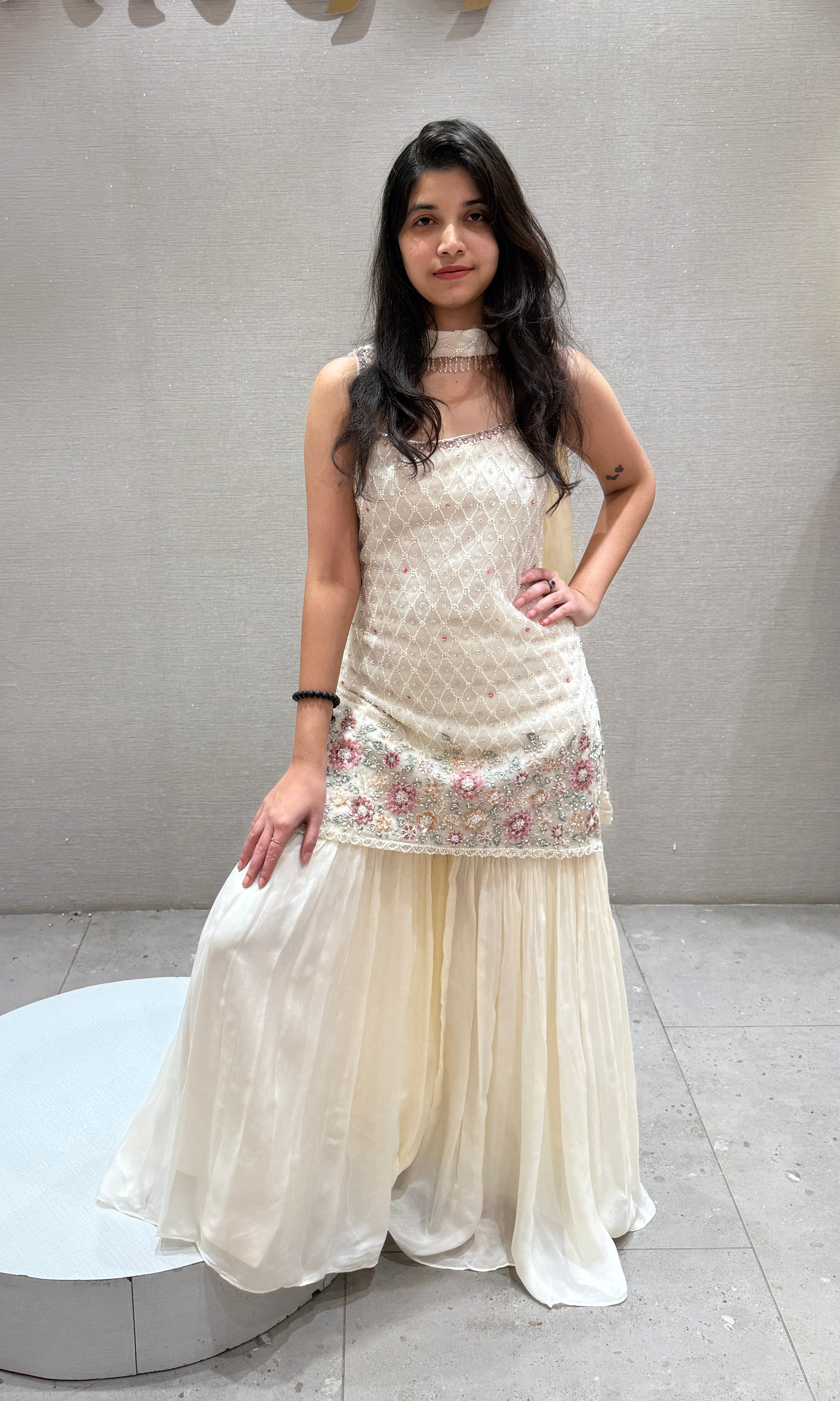 Cream Floral Embroidered Sharara Set