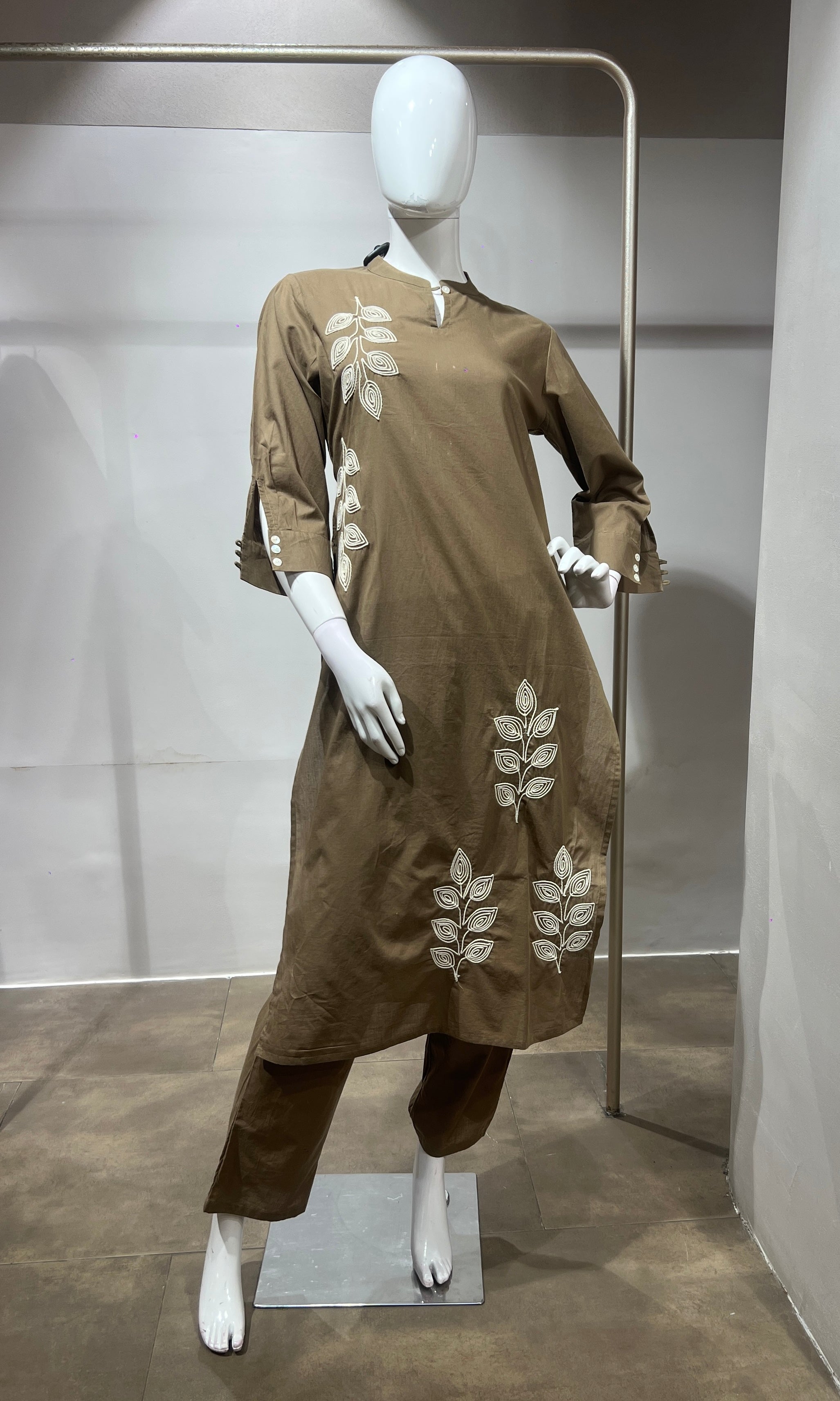 Beige Leaf Cotton Kurta Set with Tassel Dupatta