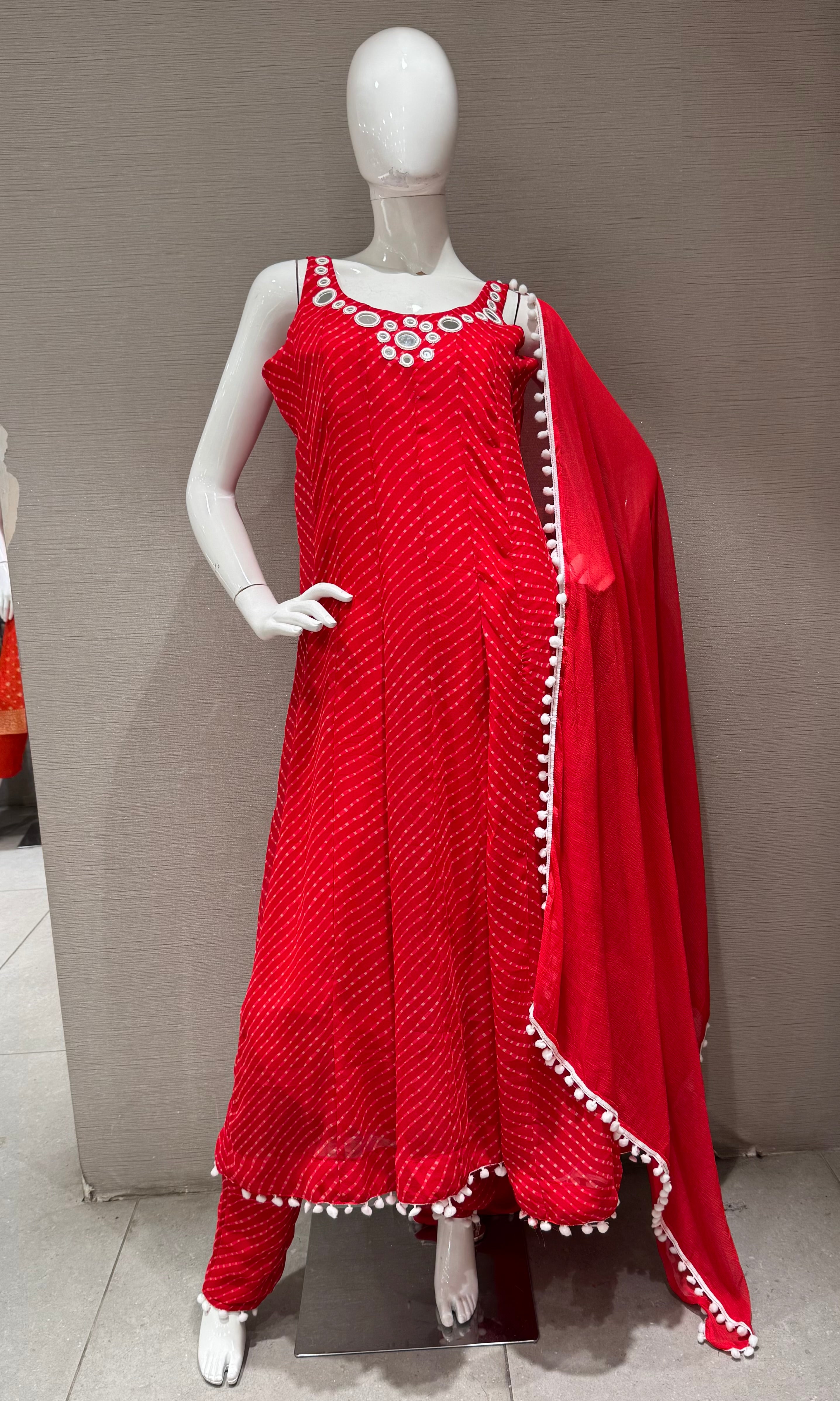 Red bandhani print and intricate mirror anarkali set
